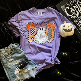 Online Exclusive | Boo Checker Ghost Graphic on Short Sleeve Comfort Color Tee in Violet Purple Weekend Wear