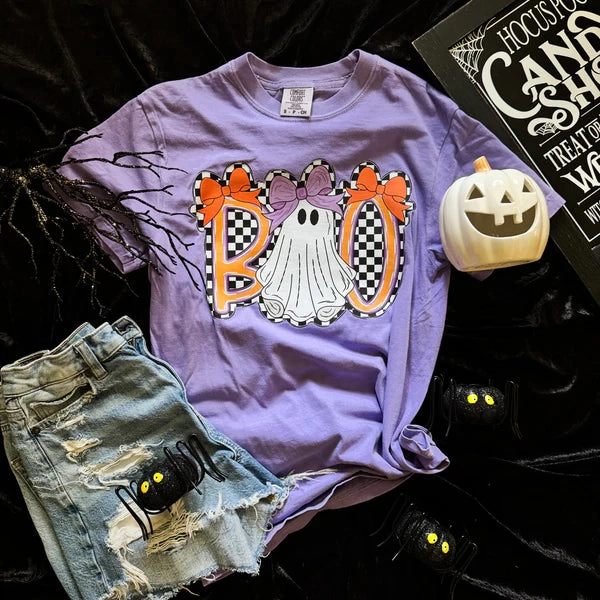 Online Exclusive | Boo Checker Ghost Graphic on Short Sleeve Comfort Color Tee in Violet Purple Weekend Wear