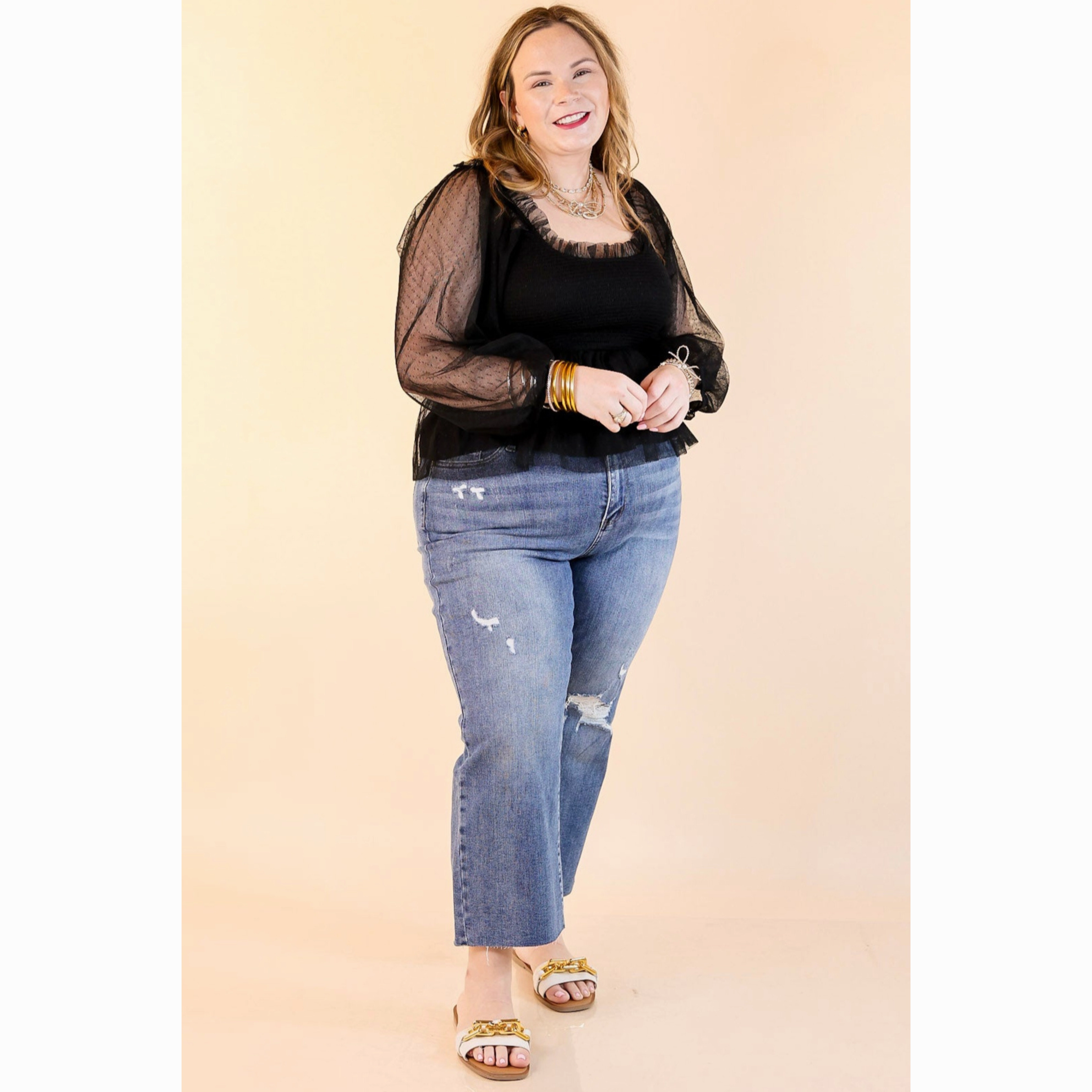 Textured Finish Gift Idea Subtle Statement Smocked Bodice Top with Sheer Puff Sleeves in Black