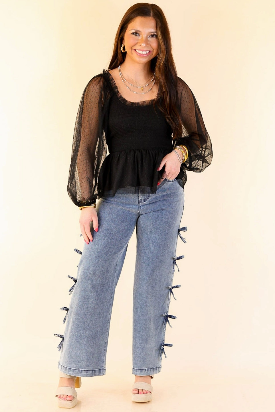 Subtle Statement Smocked Bodice Top with Sheer Puff Sleeves in Black Essential Piece Tall Length