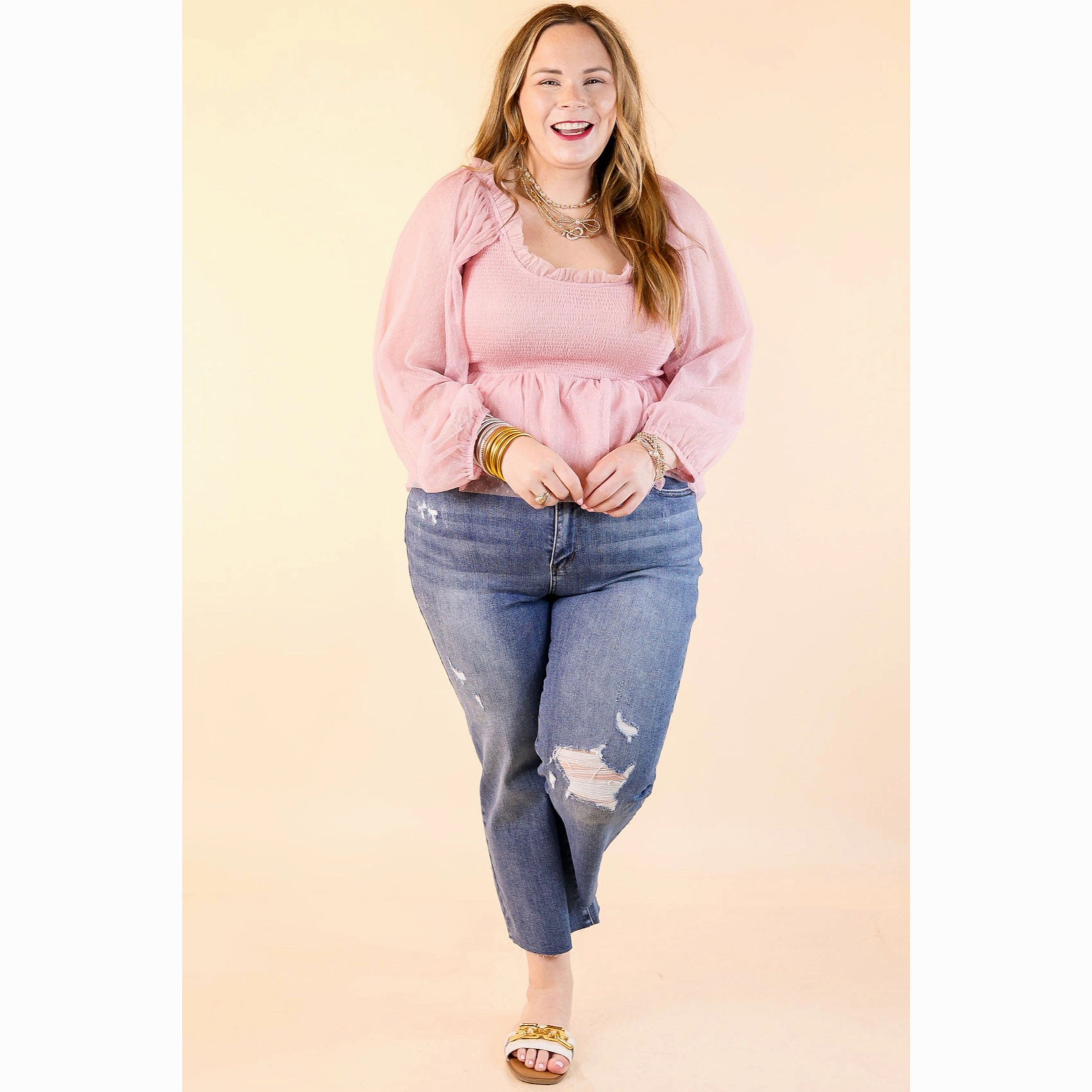 Subtle Statement Smocked Bodice Top with Sheer Puff Sleeves in Light Pink Sustainable Manufacturing Process