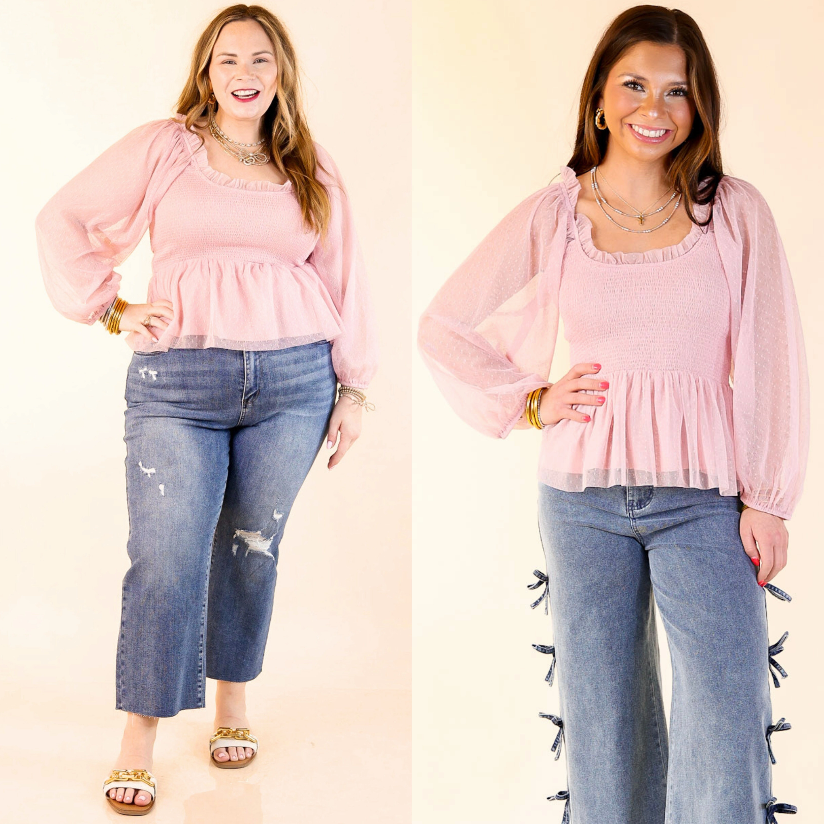 Subtle Statement Smocked Bodice Top with Sheer Puff Sleeves in Light Pink Non Static Finish