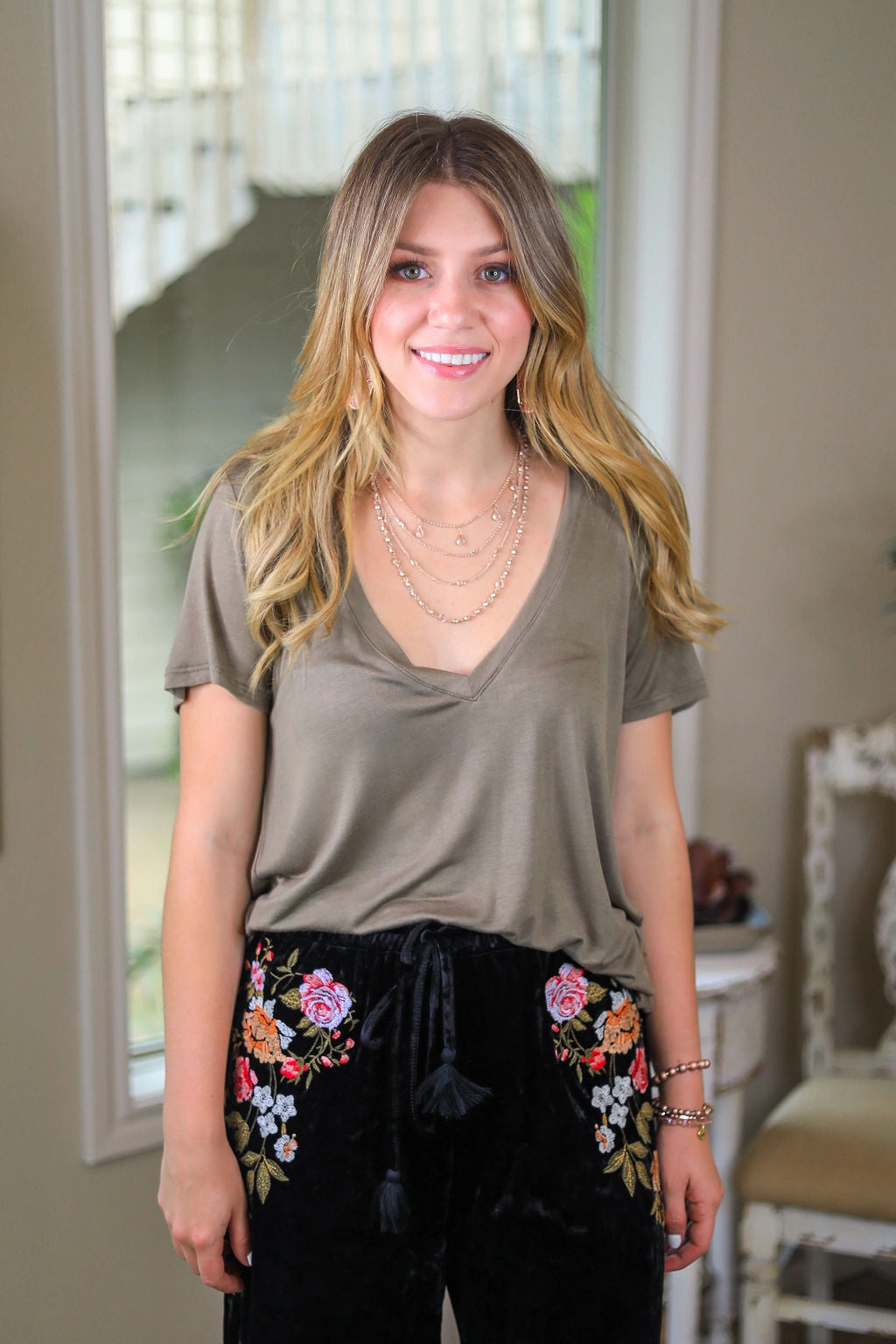 Sugar and Spice Deep V-Neck Short Sleeve Tee in Light Olive Green Minimal Design