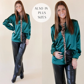 World Edge Sugar On Top Long Sleeve Button Up Satin Top with Leopard Print Trim in Forest Green