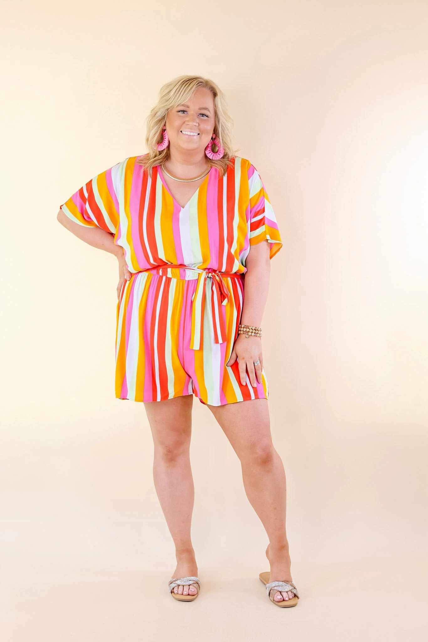 Sun And Shade Striped Romper with Short Sleeves in Pink Mix Seamless Design Polish Tone