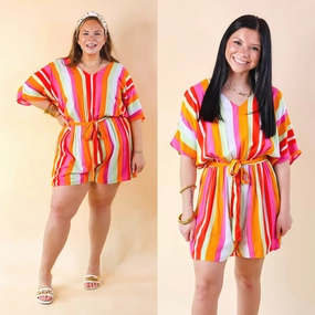 Sun And Shade Striped Romper with Short Sleeves in Pink Mix ReinforcedHem Versatile Design