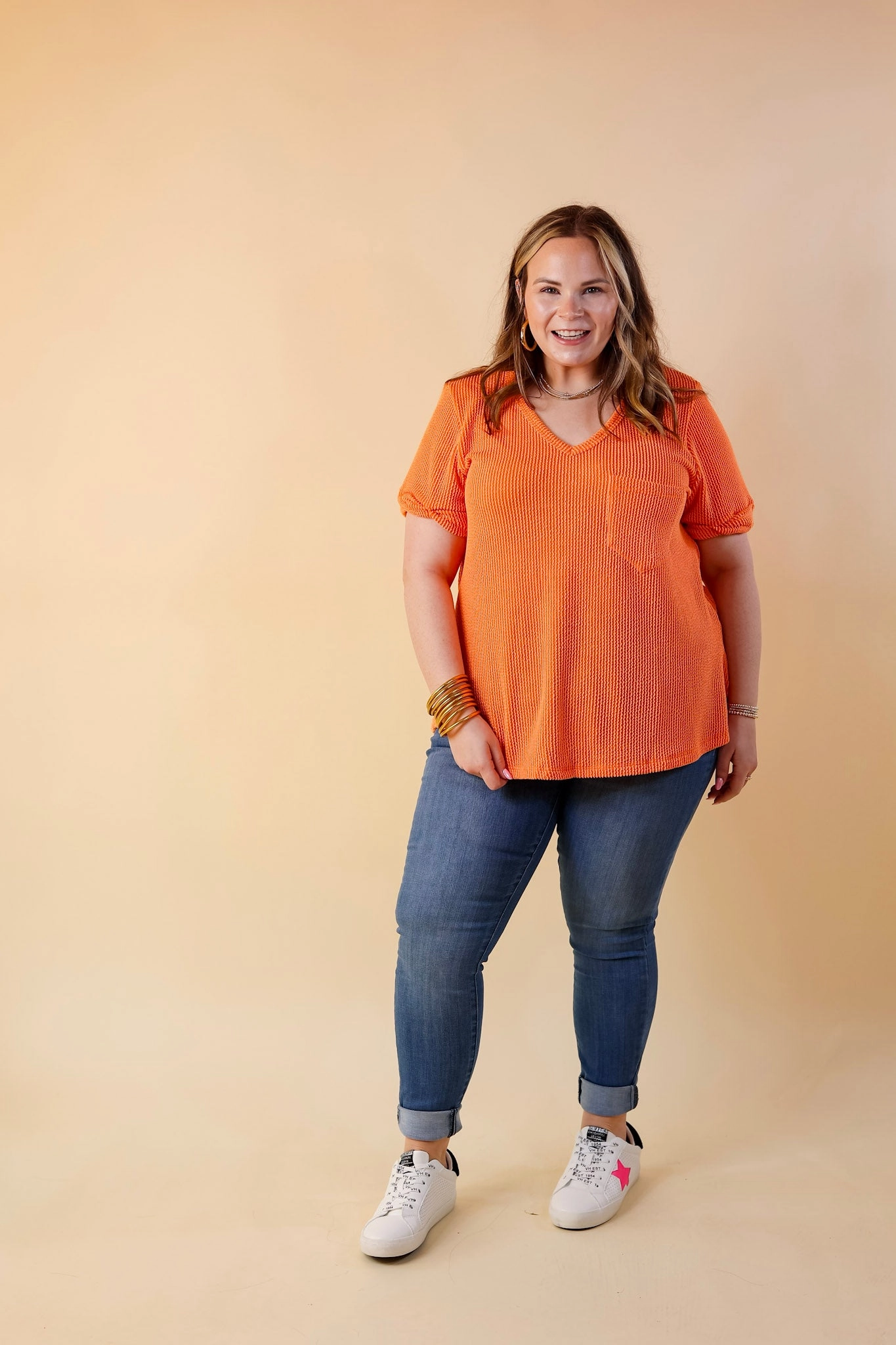 Peace Glow Only True Love Ribbed Short Sleeve Top with Front Pocket in Orange