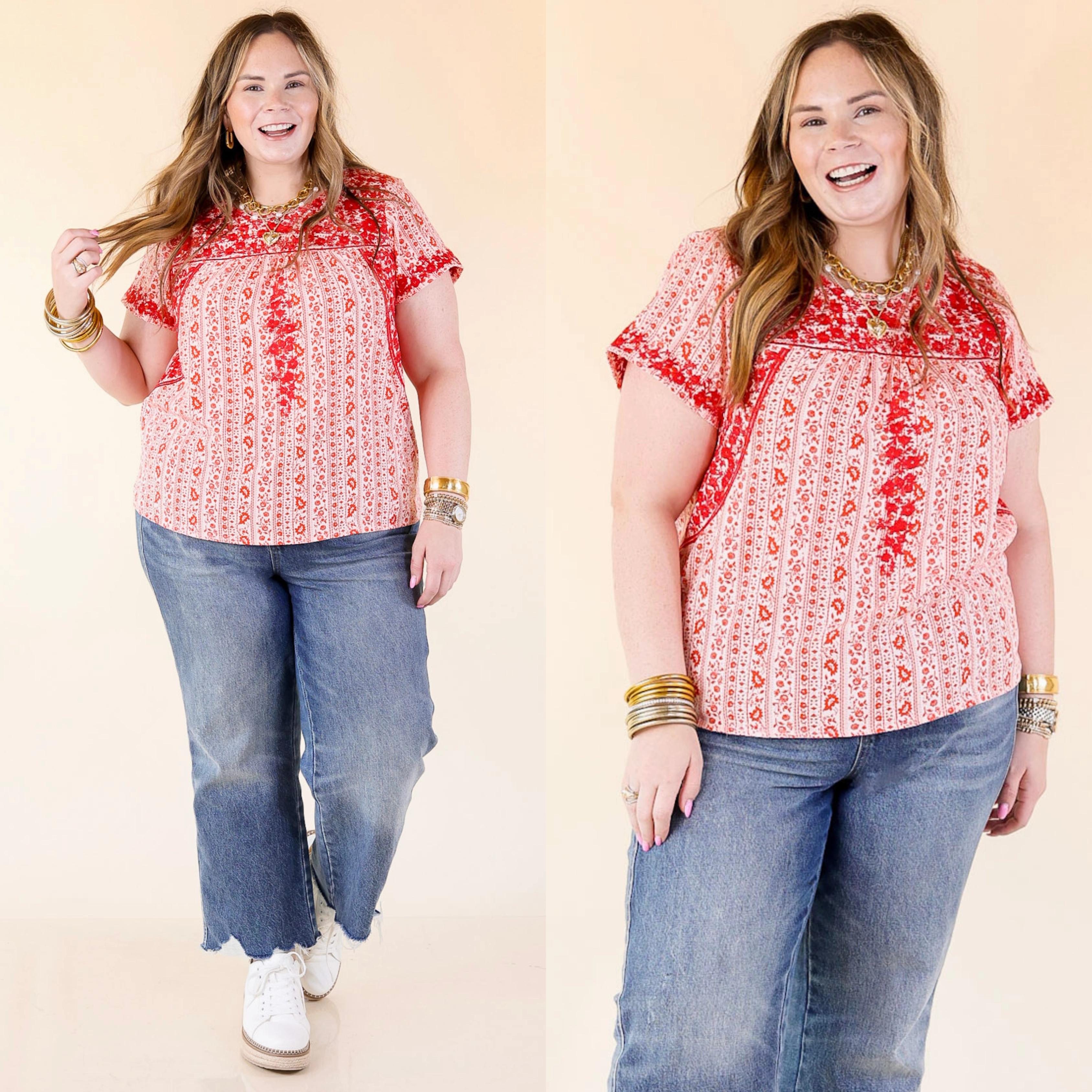 Geometric Print Sunny Day Floral Print Top with Red Floral Embroidery in Off White