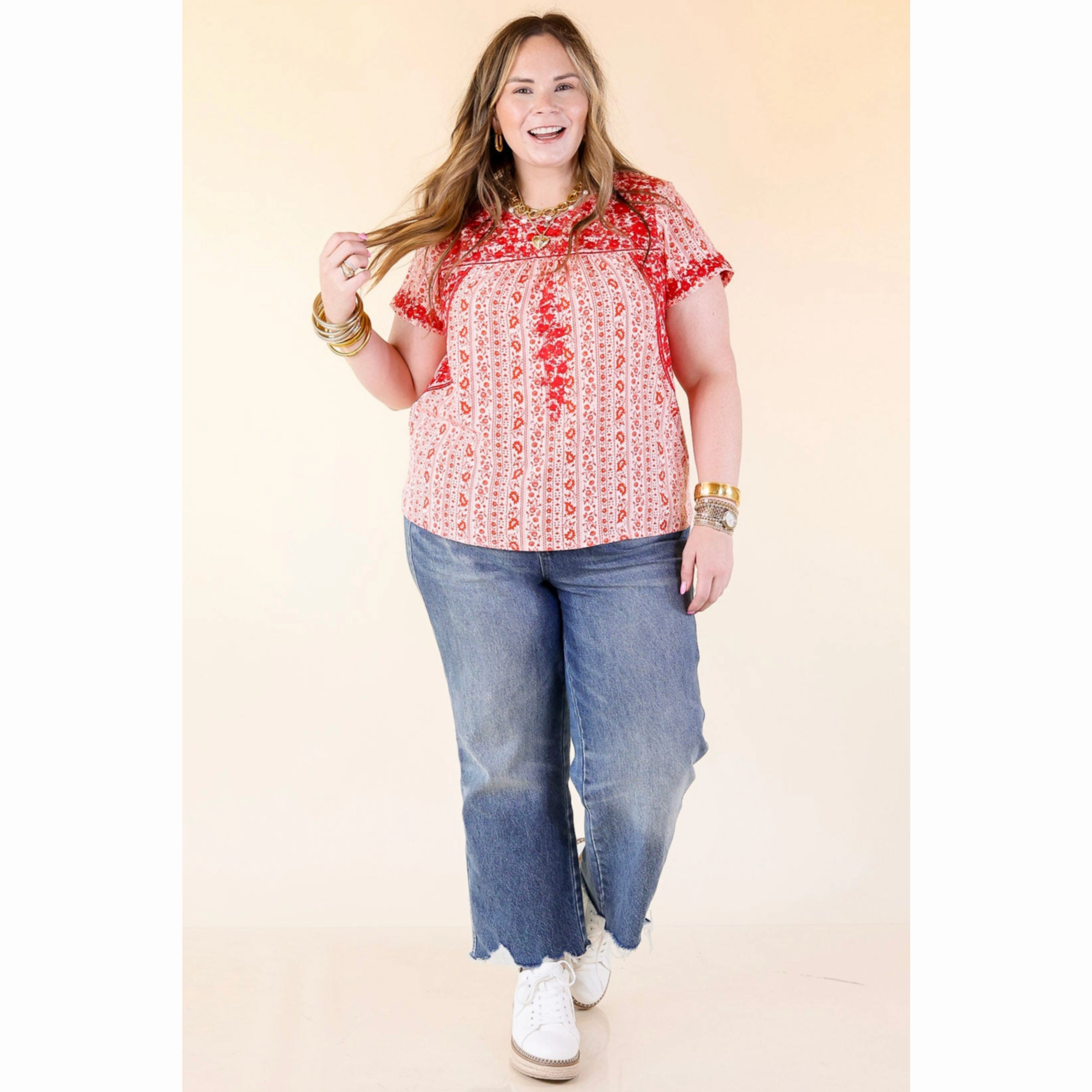 Trendy Vibes Sunny Day Floral Print Top with Red Floral Embroidery in Off White