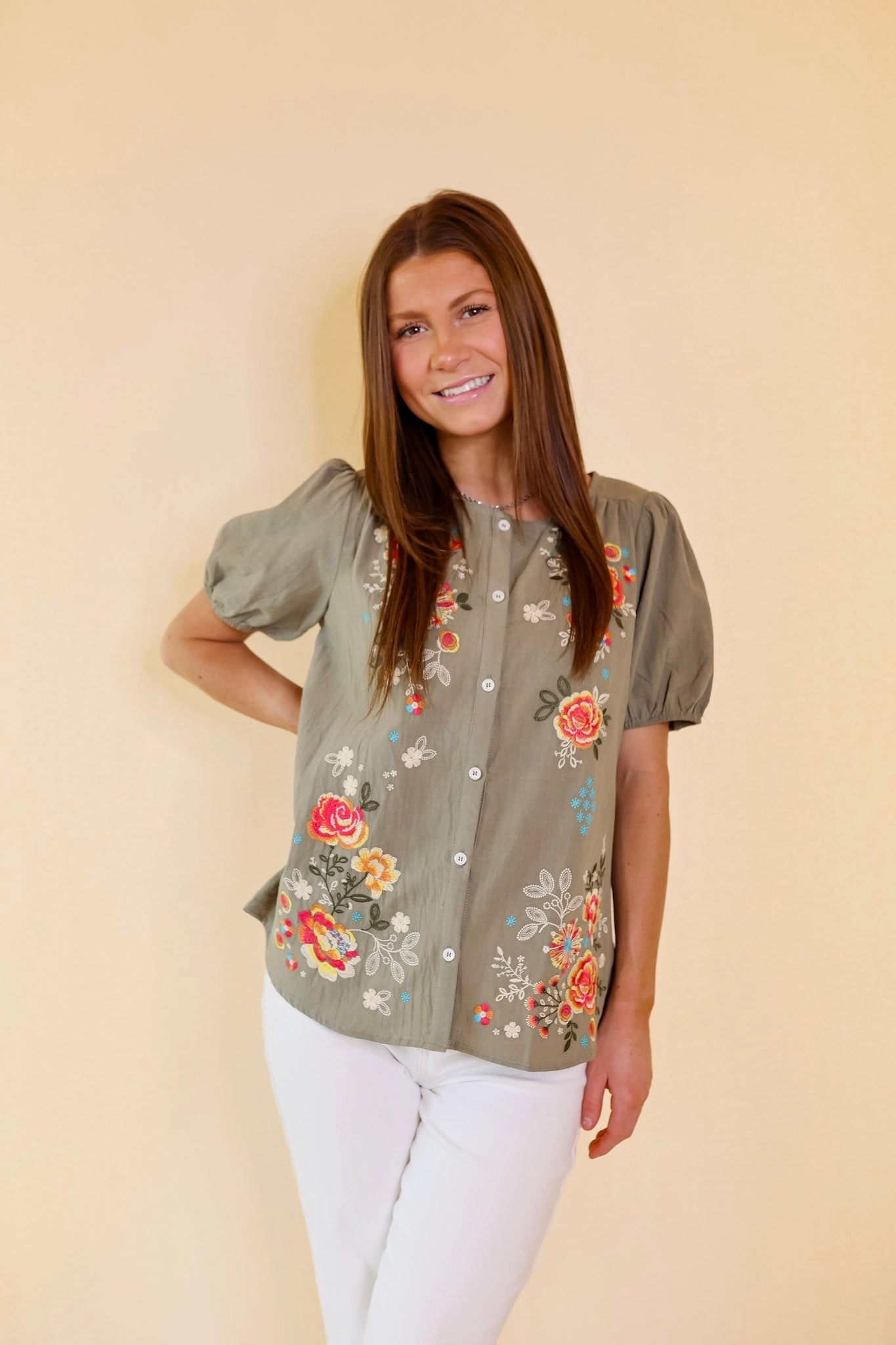 High Density Knit Odor Control Technology Sunny Forecast Button Up Floral Embroidered Top in Dusty Olive Green