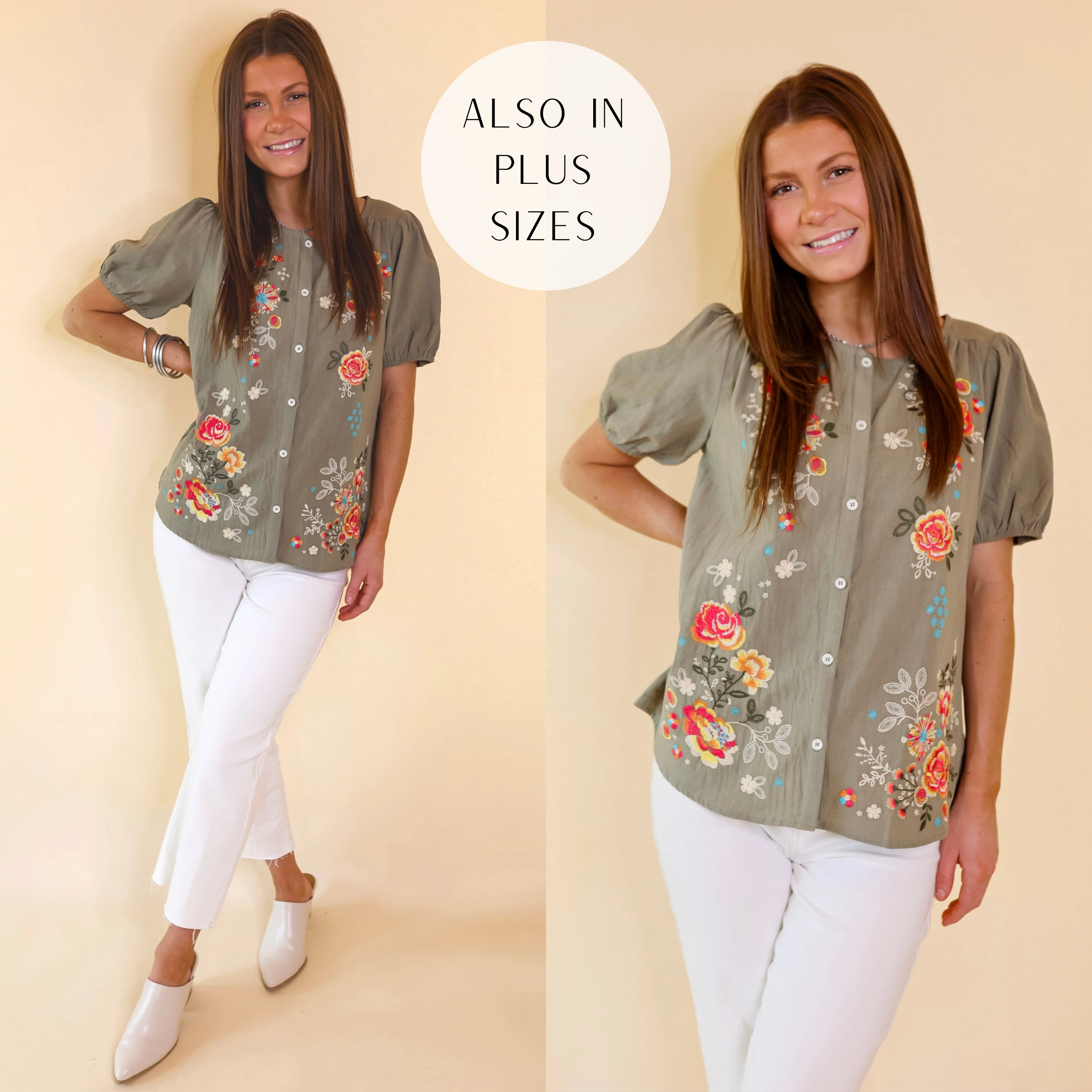 Sunny Forecast Button Up Floral Embroidered Top in Dusty Olive Green Stretch Weave Construction Casual Style