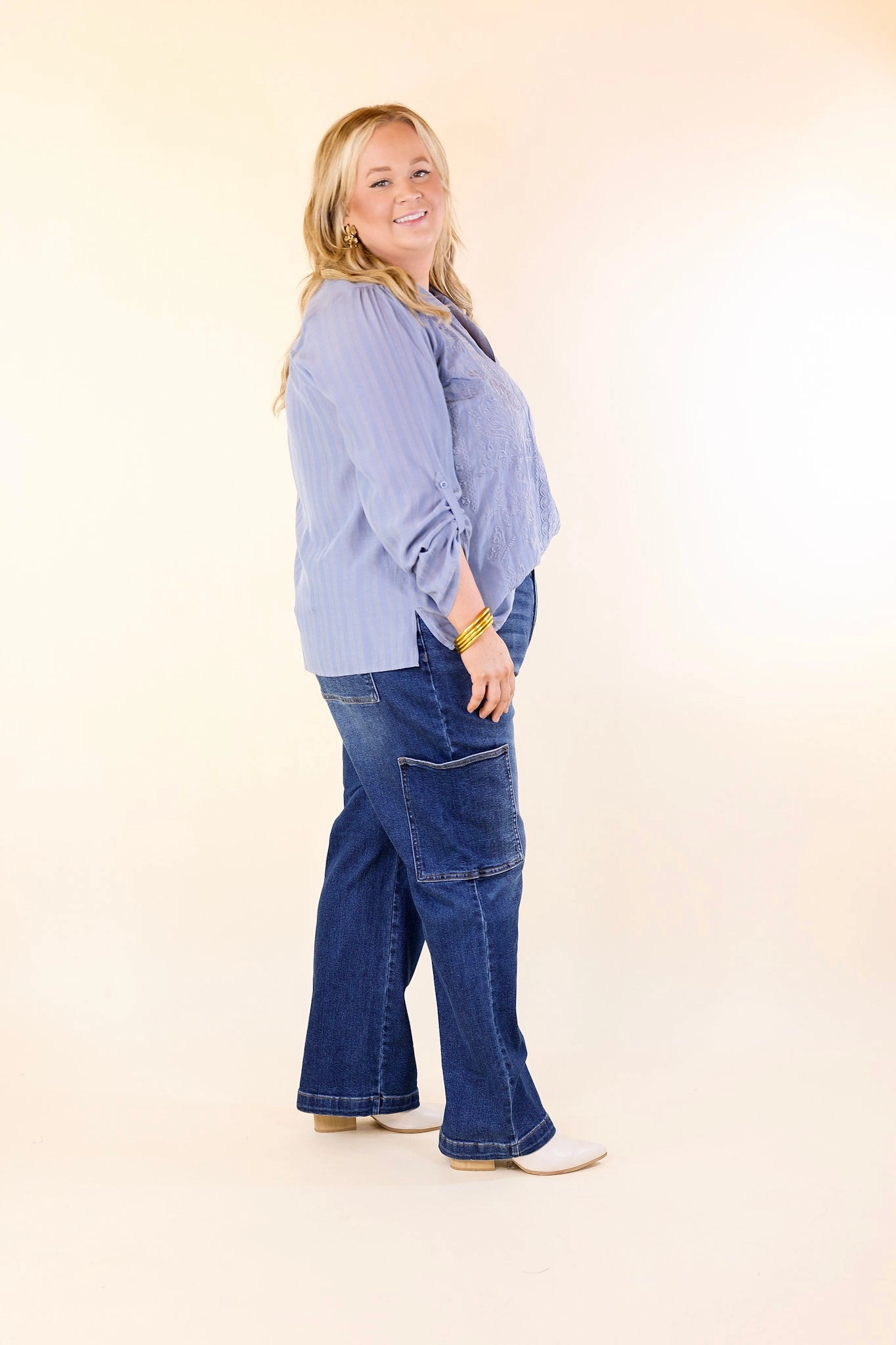 Sunny Garden Embroidered 3/4 Sleeve Top with Collared Neckline in Dusty Blue Layered Hemline Convertible Neckline