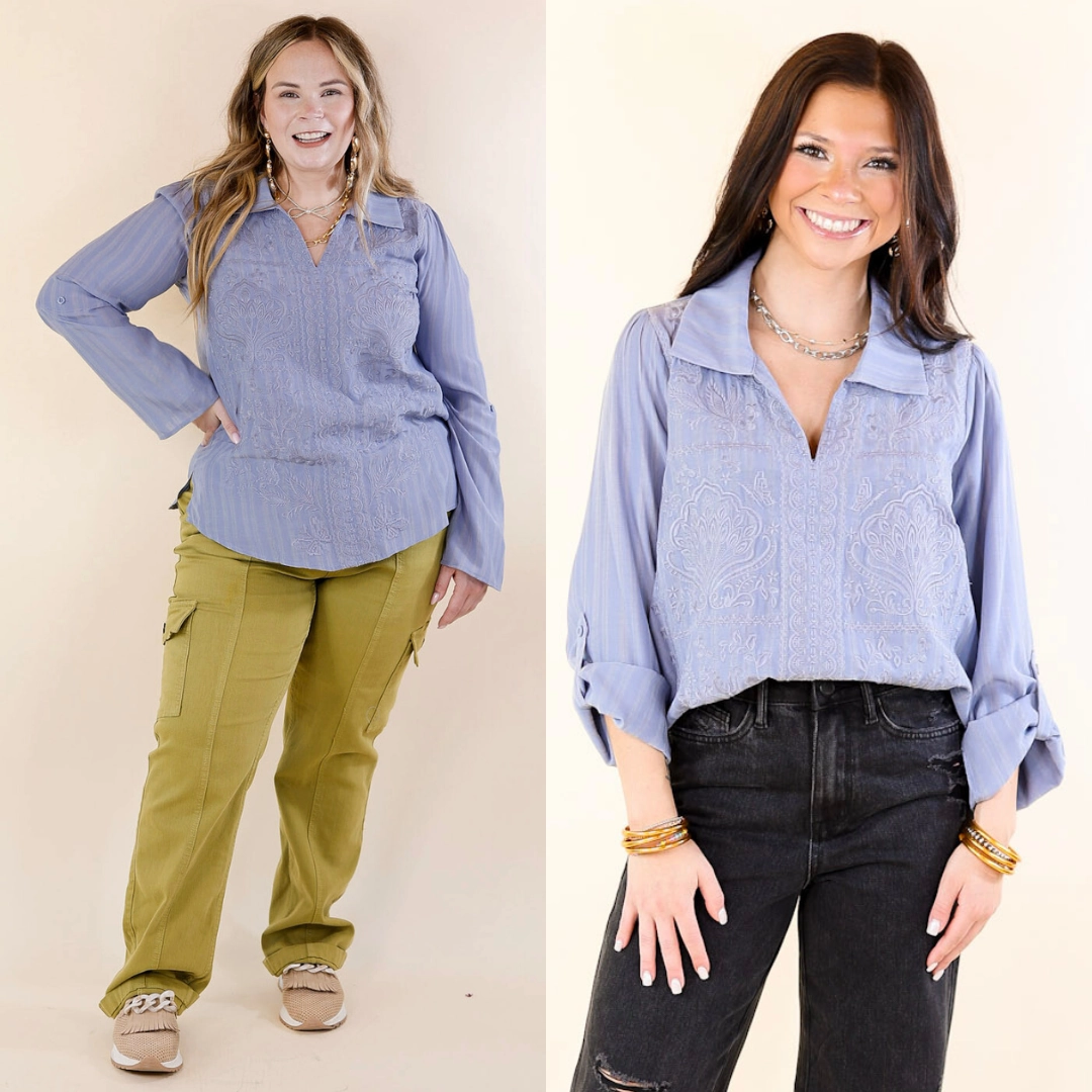 Sunny Garden Embroidered 3/4 Sleeve Top with Collared Neckline in Dusty Blue Roll Up Sleeve System