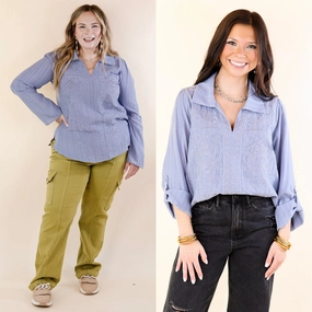 Sunny Garden Embroidered 3/4 Sleeve Top with Collared Neckline in Dusty Blue Roll Up Sleeve System