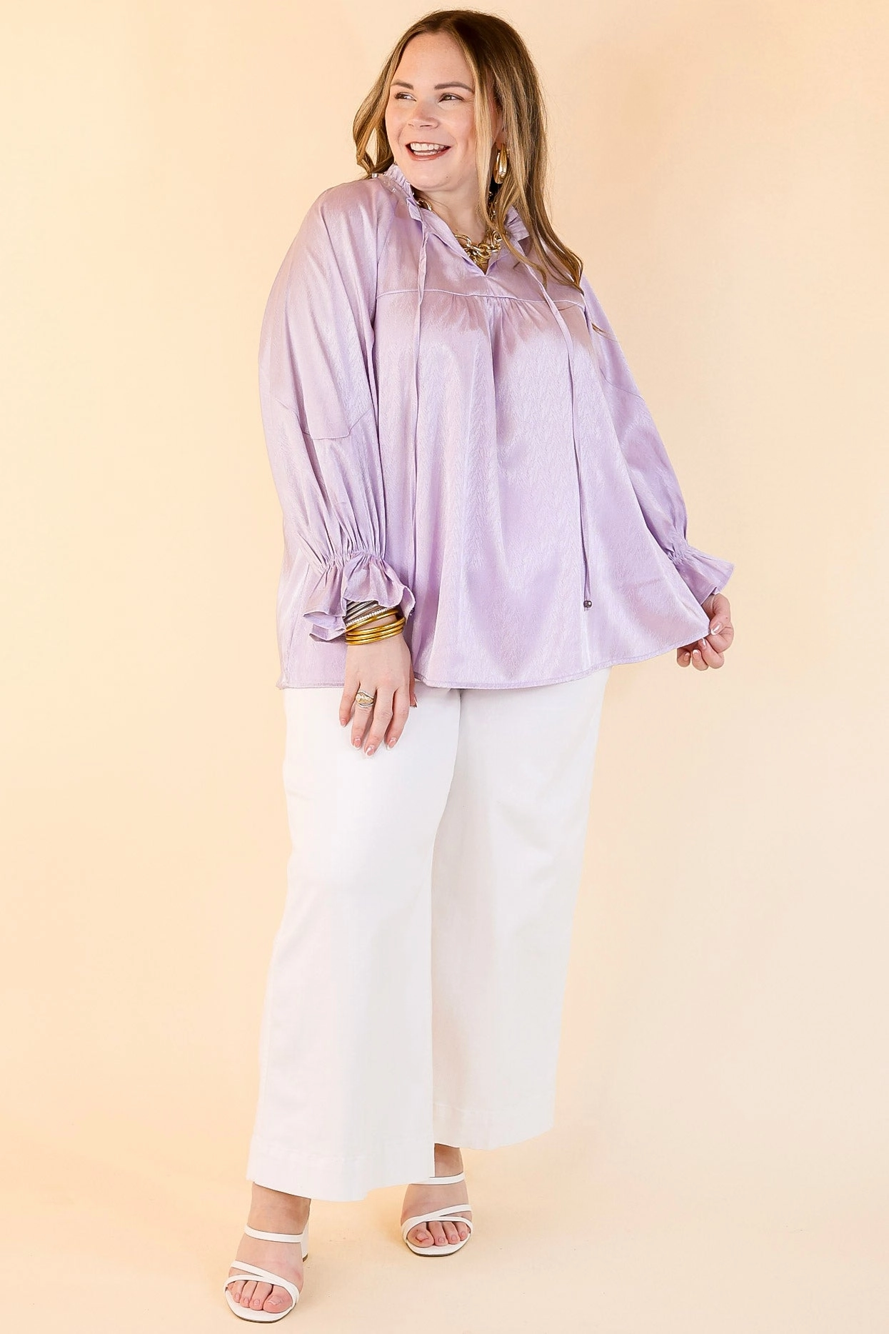 Sunset Situation Front Tie Keyhole Blouse in Lavender Purple Linen blend