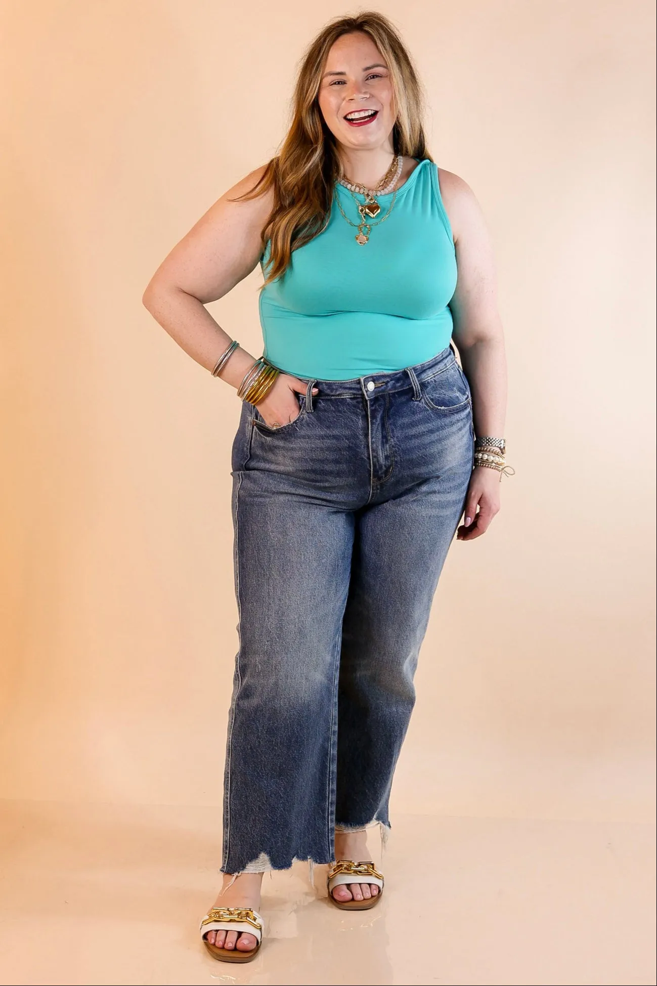 Sunshine State of Mind Tank Top Bodysuit in Turquoise Blue Flattering Drape PreShrunk Fabric