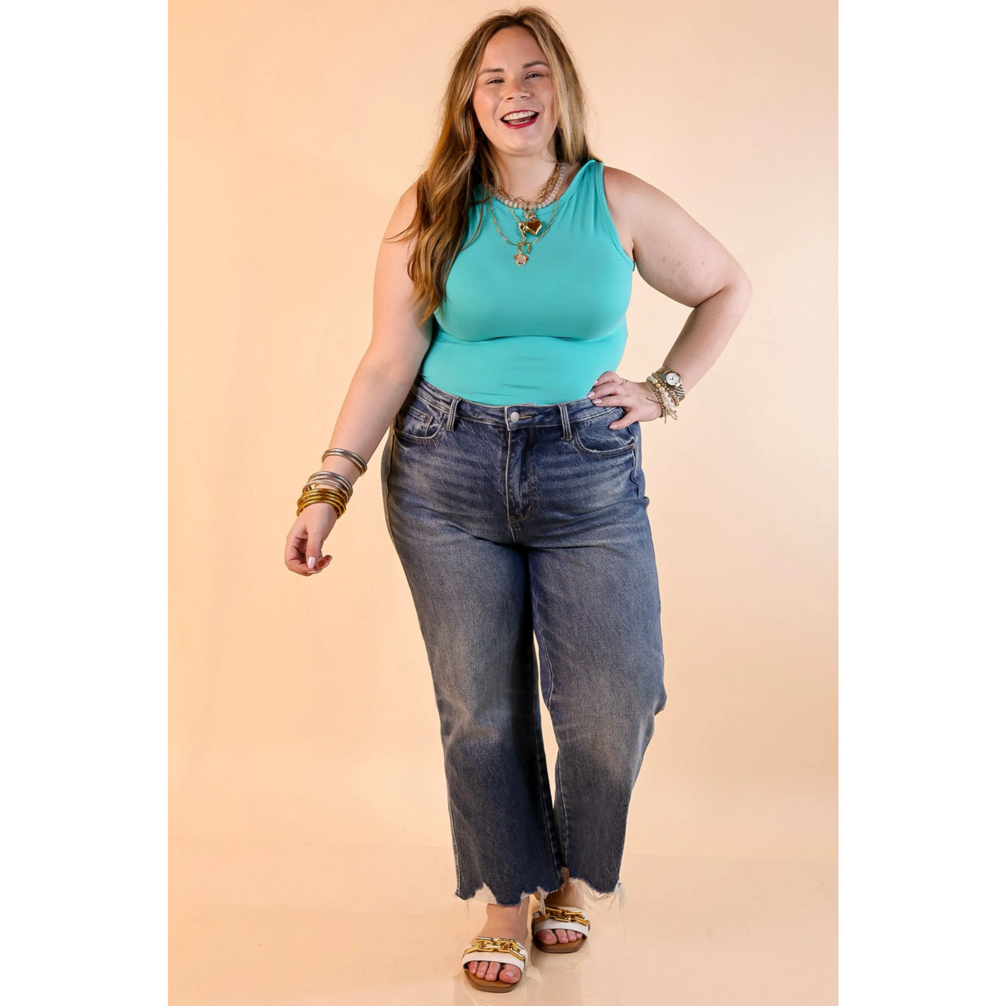 AllDay Comfort Sunshine State of Mind Tank Top Bodysuit in Turquoise Blue