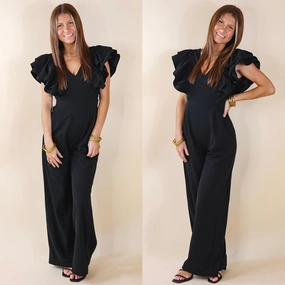 warm fleece Elastic cuffs Superstar Style V Neck Jumpsuit with Ruffle Sleeves in Black