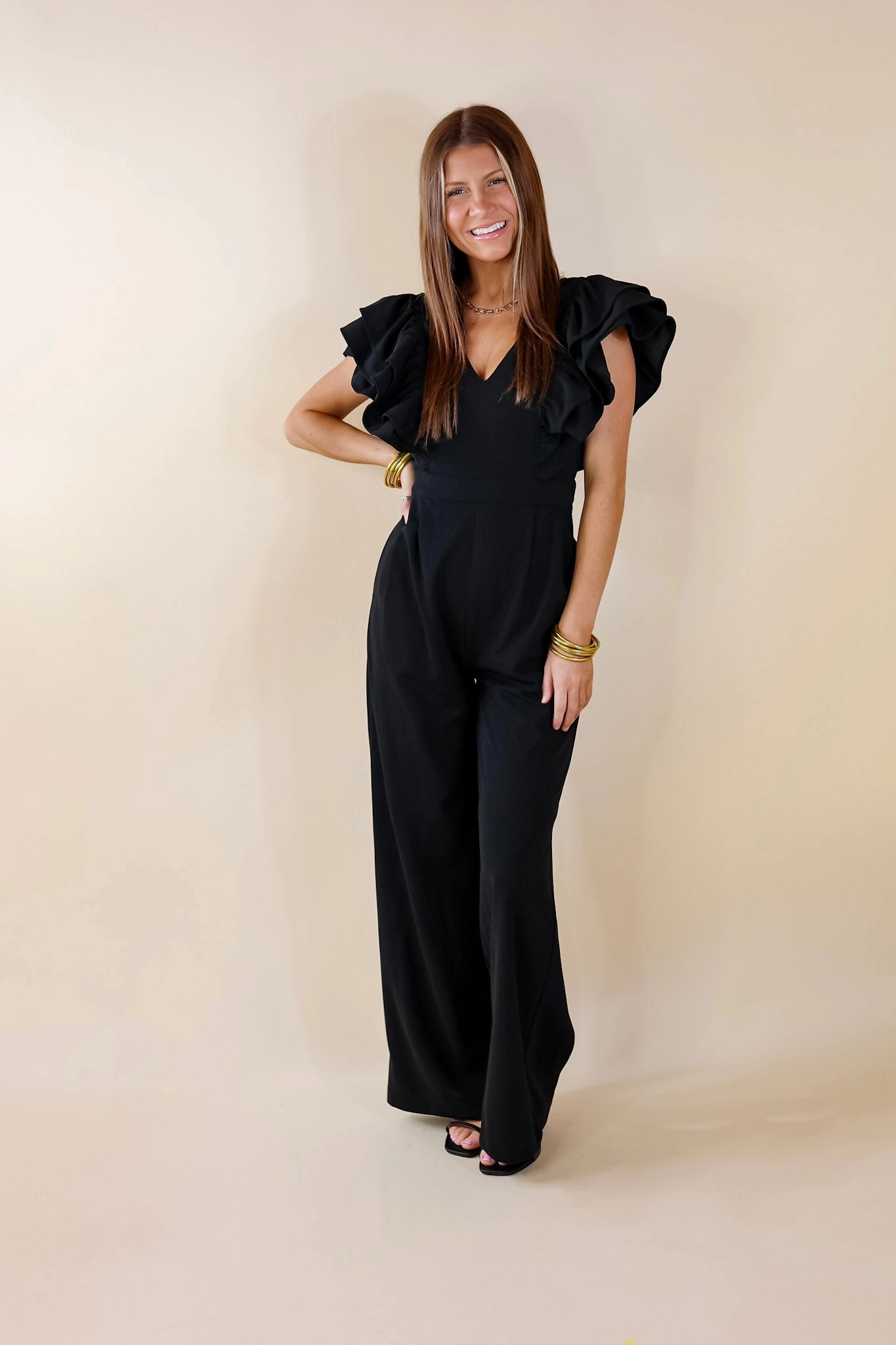 HypoallergenicFabric AntiOdor Fabric Superstar Style V Neck Jumpsuit with Ruffle Sleeves in Black