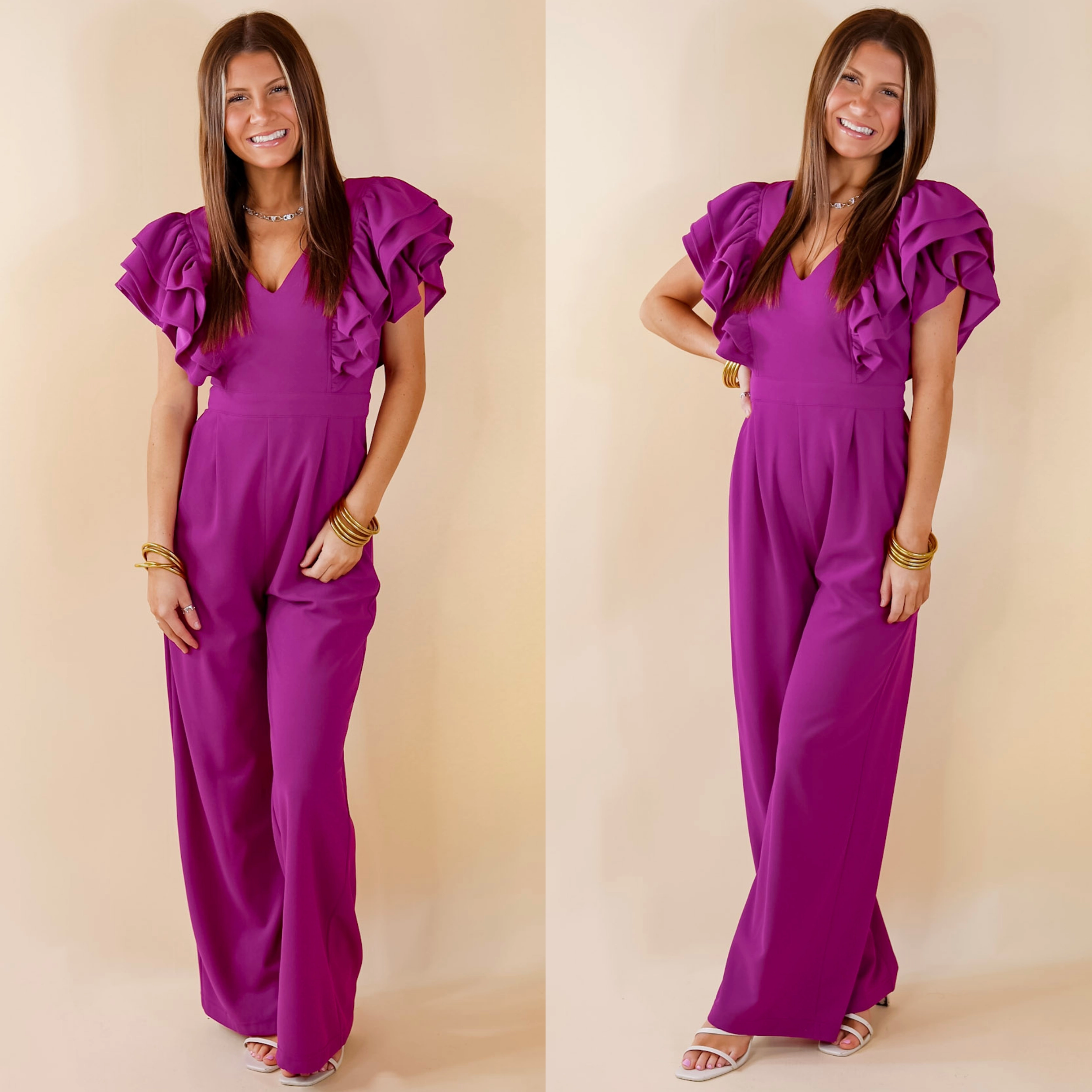 Wrinklefree Holiday Ease Superstar Style V Neck Jumpsuit with Ruffle Sleeves in Magenta Purple