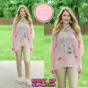 Quick-Dry Fabric QuickDry Performance Sure Thing Sheer Floral Print Oversized Poncho Top in Dusty Pink