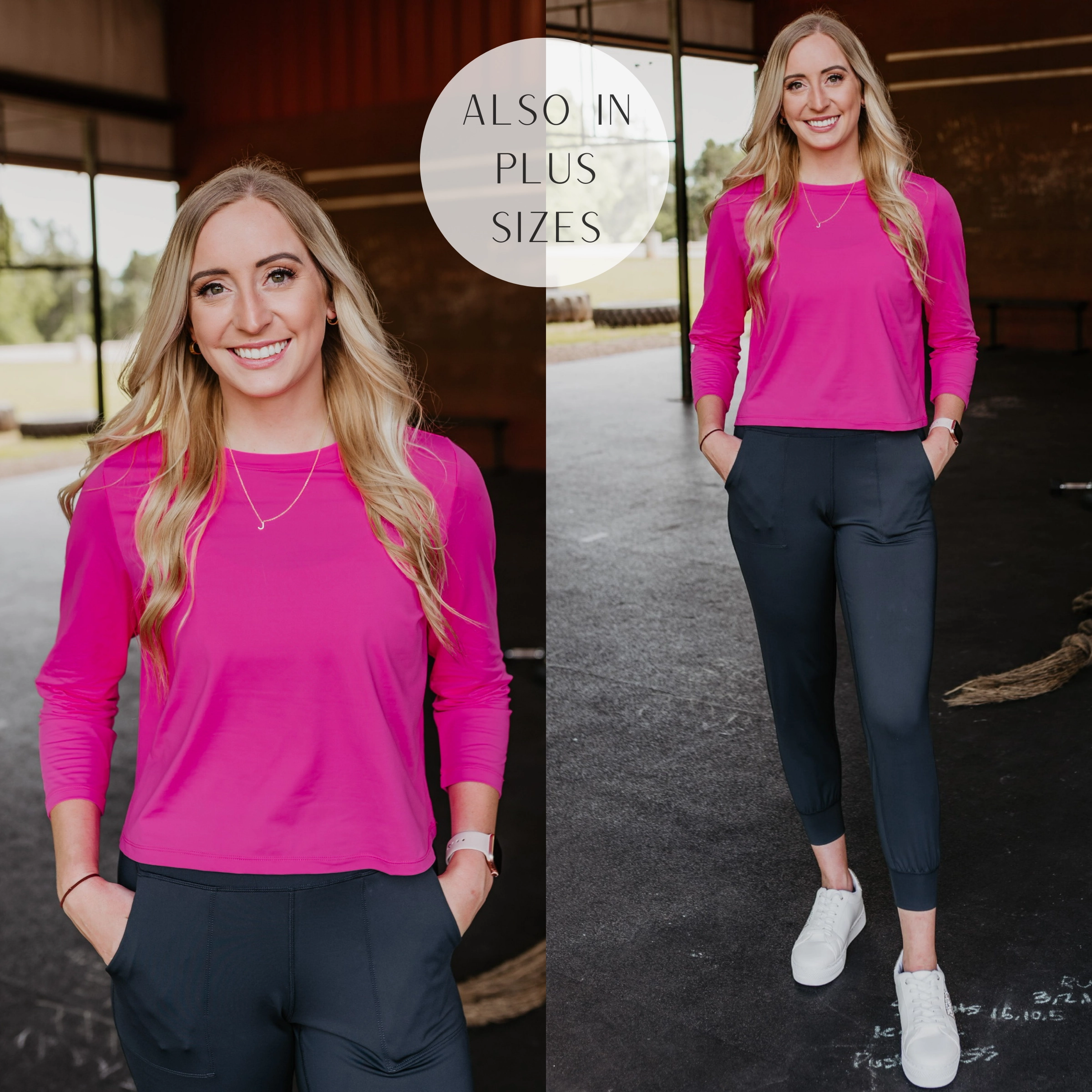 Zoom Proper Spring Glow Get Moving Long Sleeve Cropped Top in Fuchsia