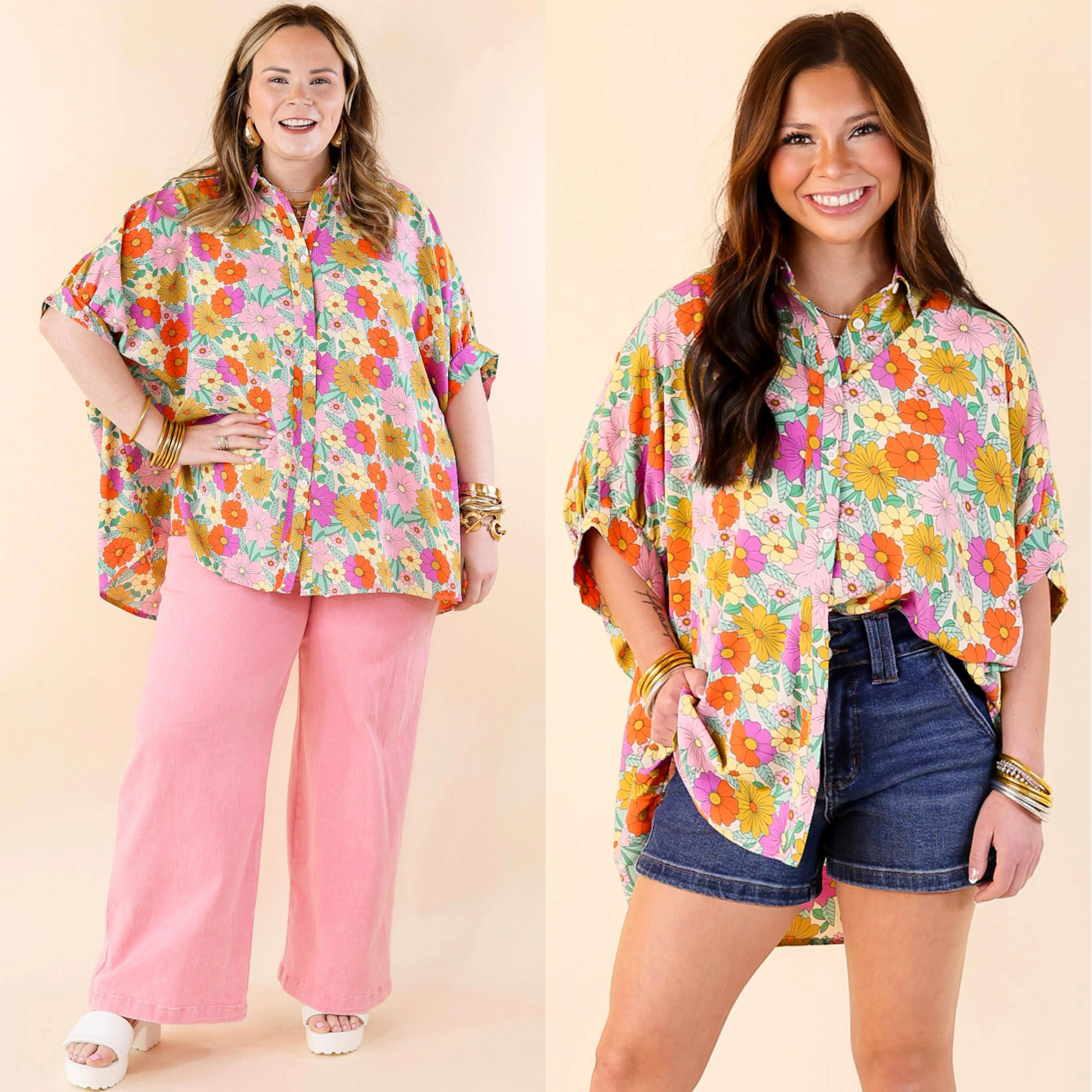 Sustainable production Soft touch finish Pretty Days Floral Print Button Up Poncho Top with Short Sleeves in Cream