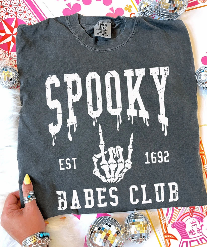 Stylish Casual Online Exclusive | Spooky Babes Club Halloween Graphic on Short Sleeve Comfort Color Tee in Pepper Black