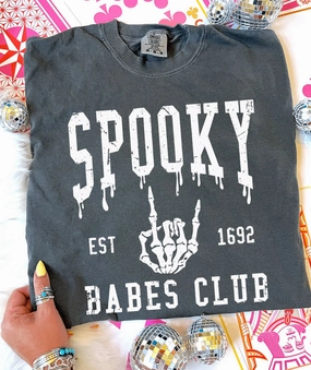 Online Exclusive | Spooky Babes Club Halloween Graphic on Short Sleeve Comfort Color Tee in Pepper Black Athletic Comfort Wear Comfy Stretch Wear