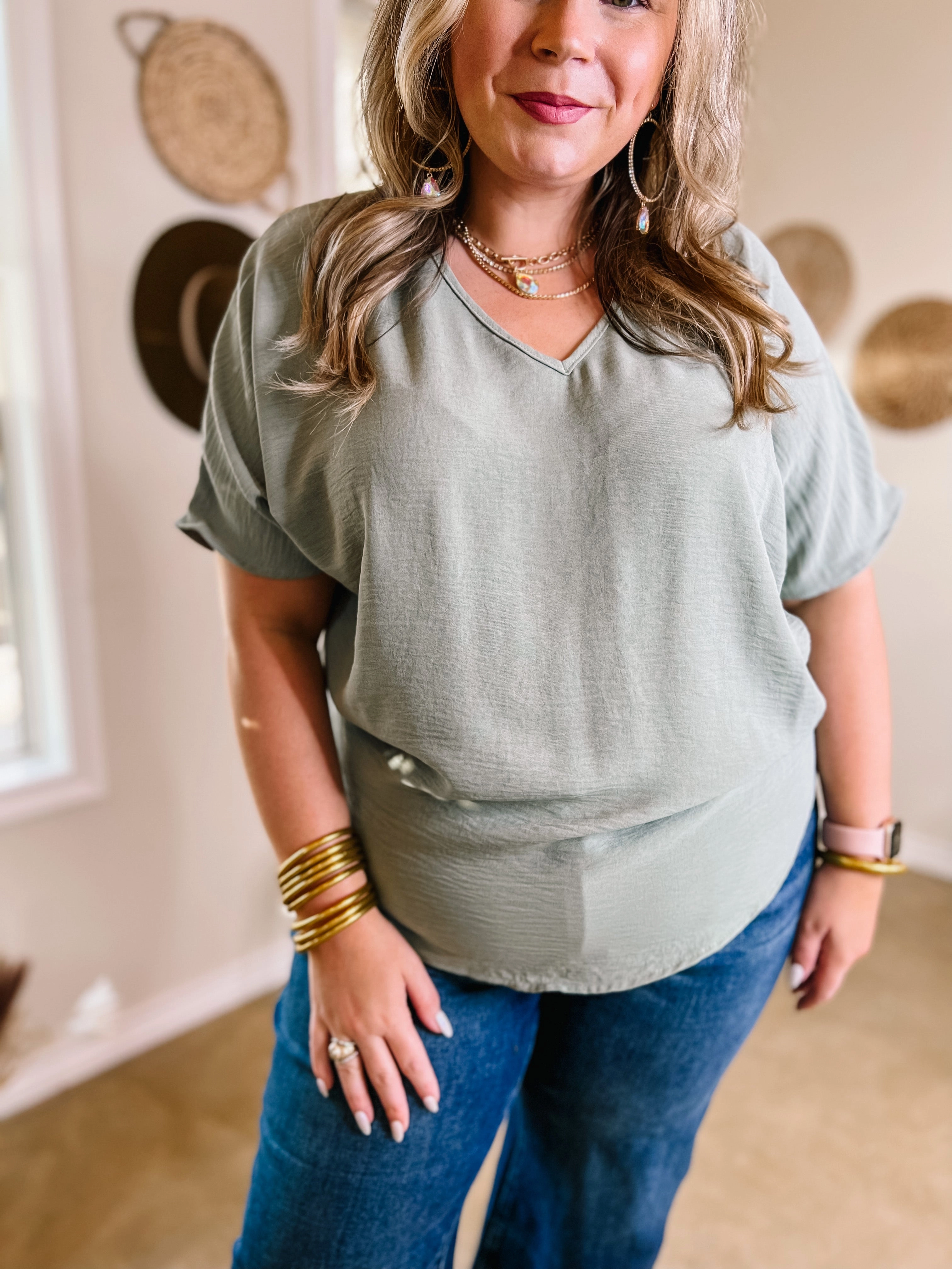 Dance Flow Last Chance Size XL & 1XL | Lovely Dear V Neck Short Sleeve Solid Top in Sage Green