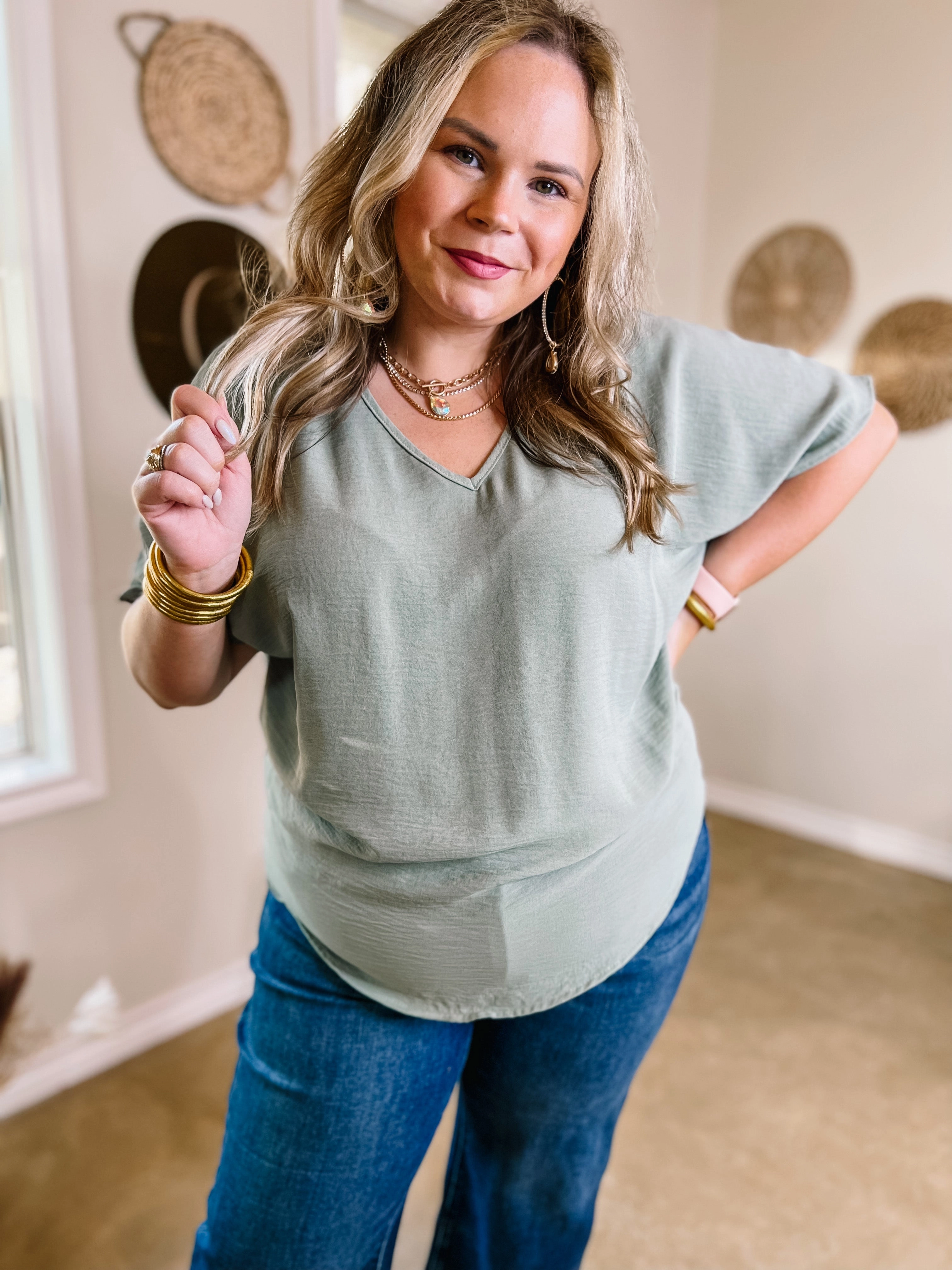 MultiPanelDesign Calm Ease Last Chance Size XL & 1XL | Lovely Dear V Neck Short Sleeve Solid Top in Sage Green