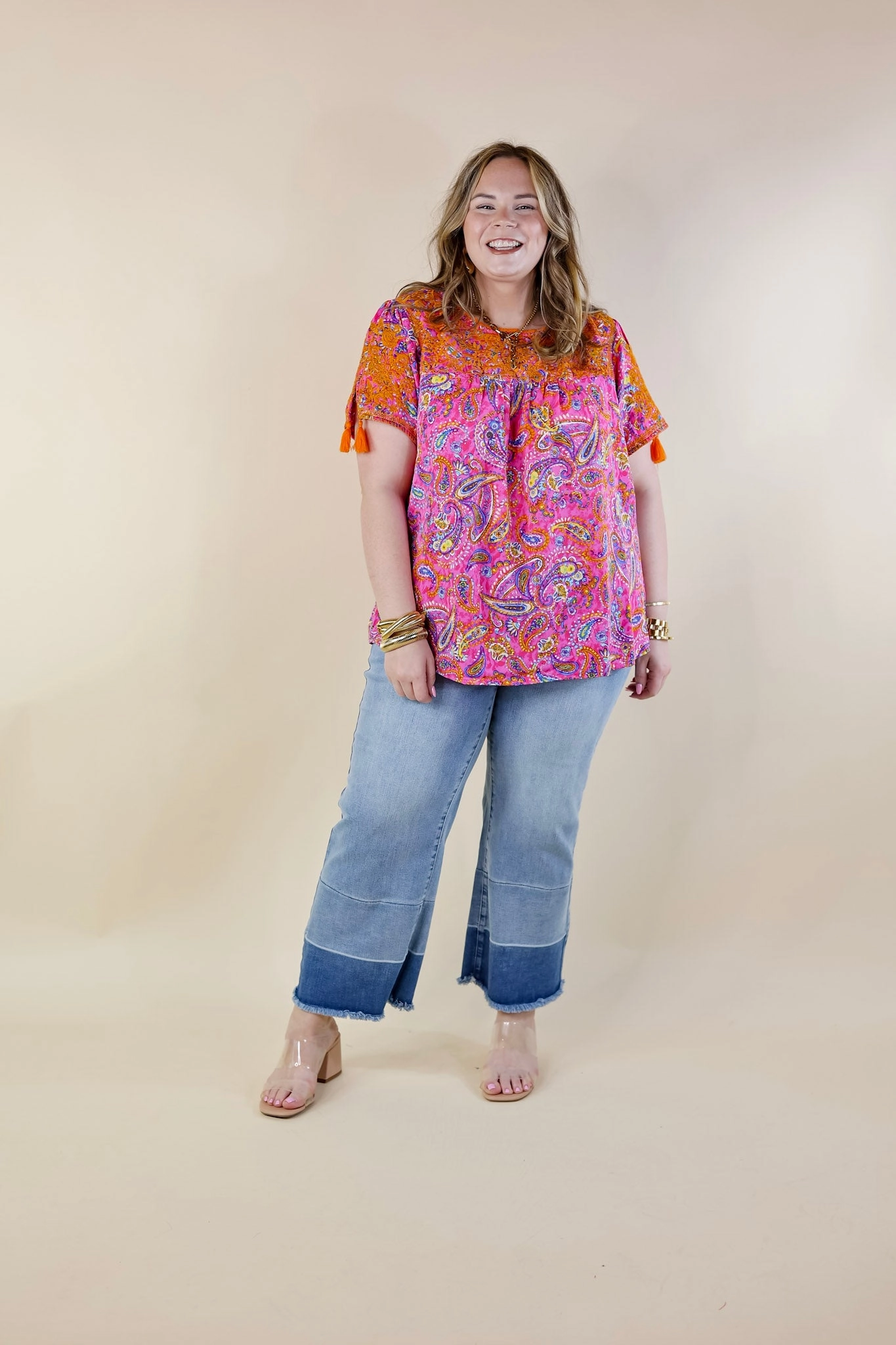 Sweet And Charming Paisley Print Top with Orange Floral Embroidery in Pink Layering Wear FrictionResistantFabric