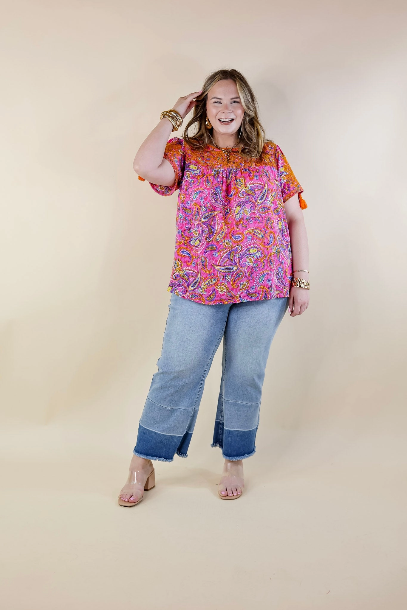 Layered Clothing Sweet And Charming Paisley Print Top with Orange Floral Embroidery in Pink