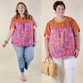 FadeResistant Dye Sweet And Charming Paisley Print Top with Orange Floral Embroidery in Pink