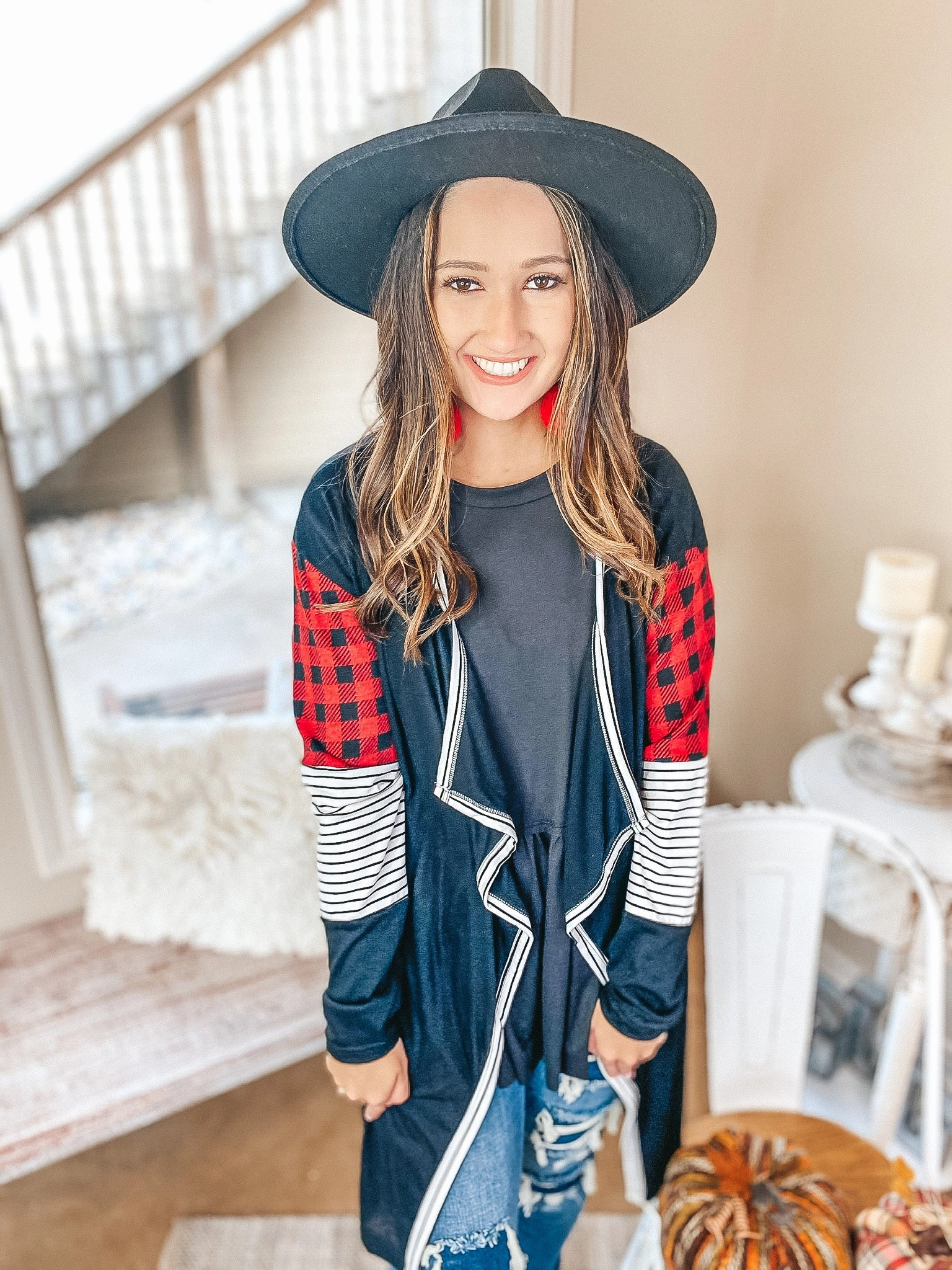 PreShrunk Cotton TactileStitching Sweet Feeling Knit Cardigan with Red Buffalo Plaid and Stripe Detail in Black