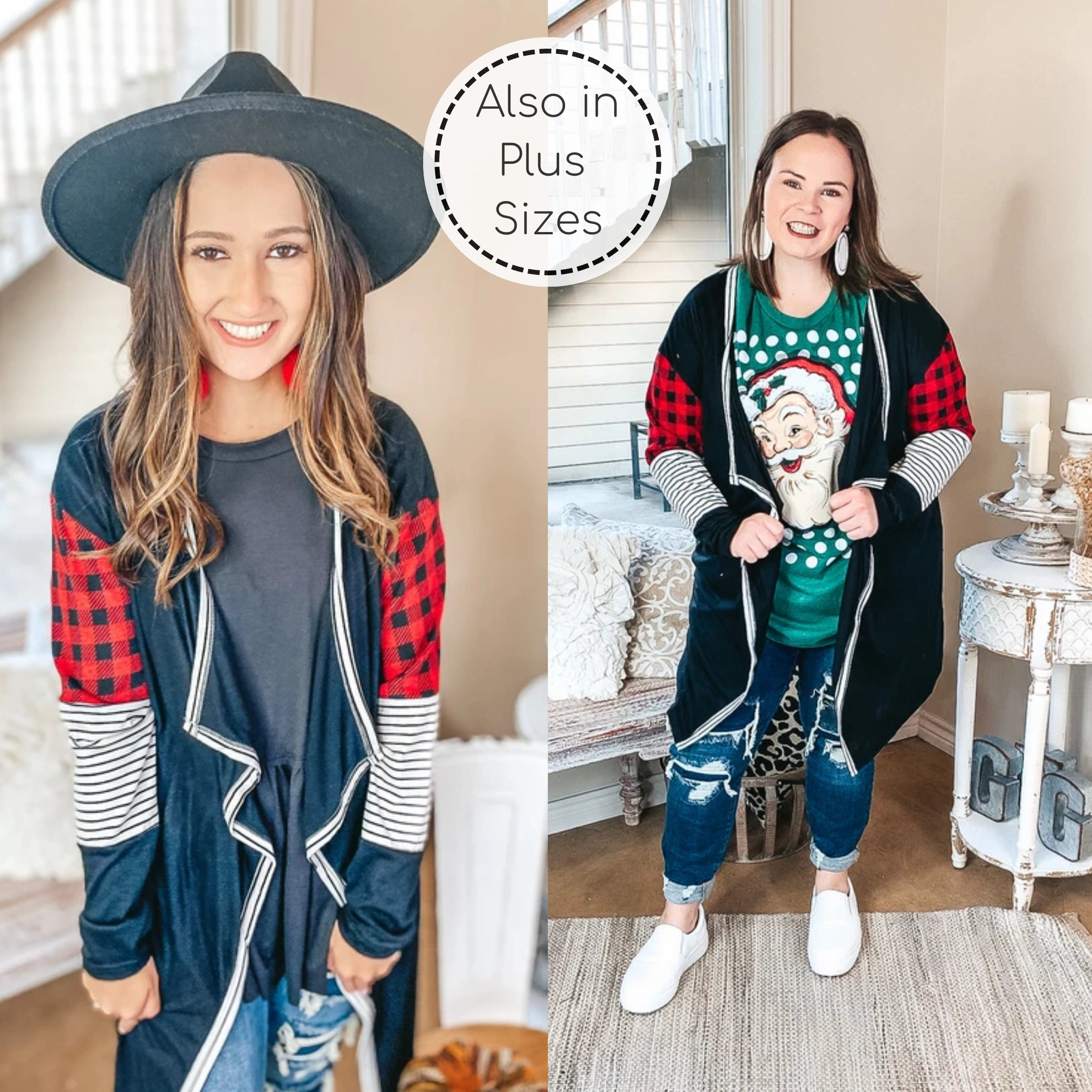 DurableWeave Breathable back panel Sweet Feeling Knit Cardigan with Red Buffalo Plaid and Stripe Detail in Black