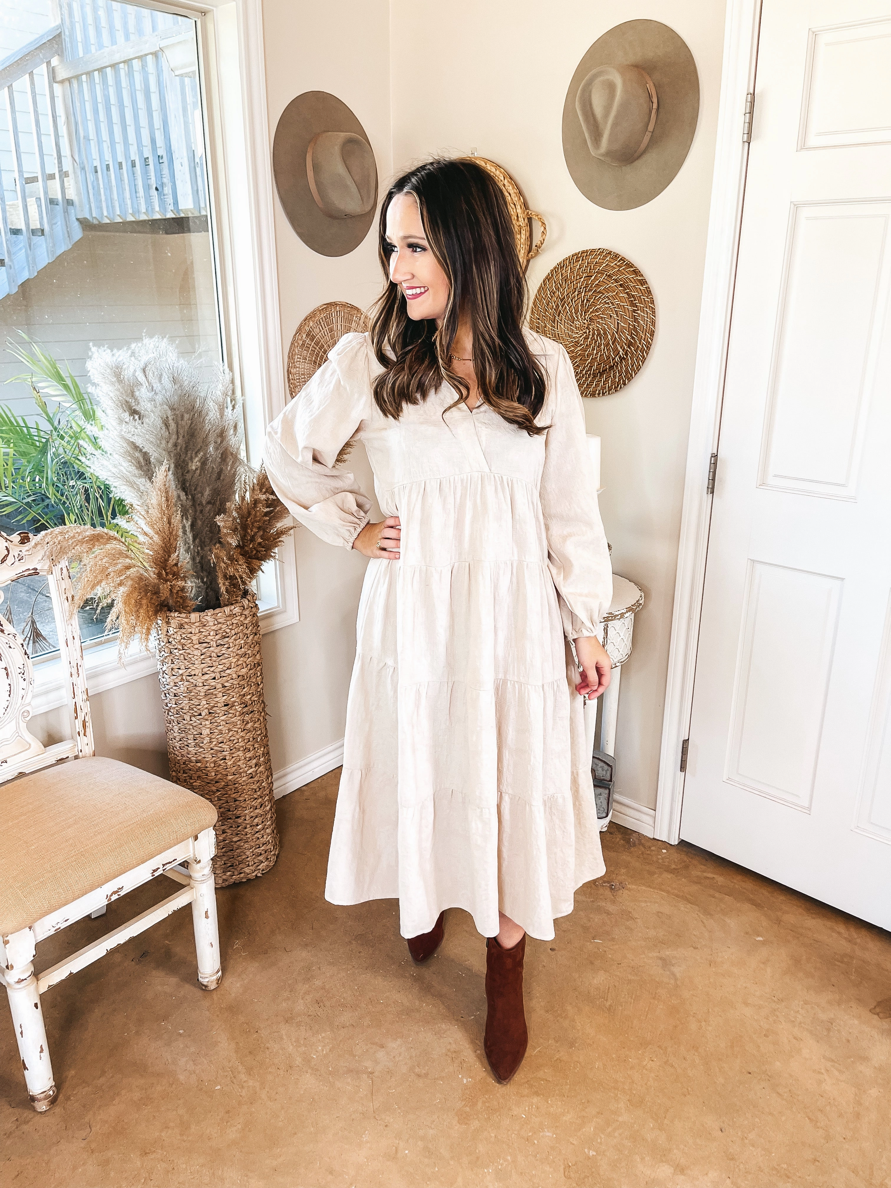 Sweet Glances Long Sleeve Tiered Midi Dress in Stone Antistatic Team Edge