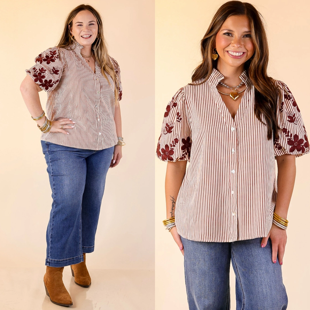 Sweet Intentions Button Down Striped Top with Puff Embroidered Sleeves in Maroon Versatile Piece