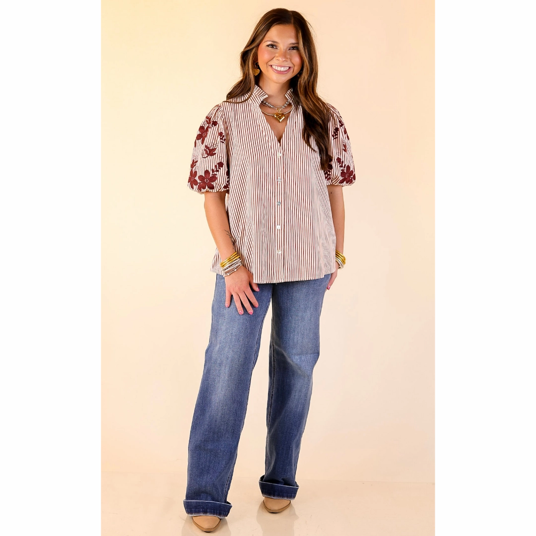 Geometric Pattern Sweet Intentions Button Down Striped Top with Puff Embroidered Sleeves in Maroon