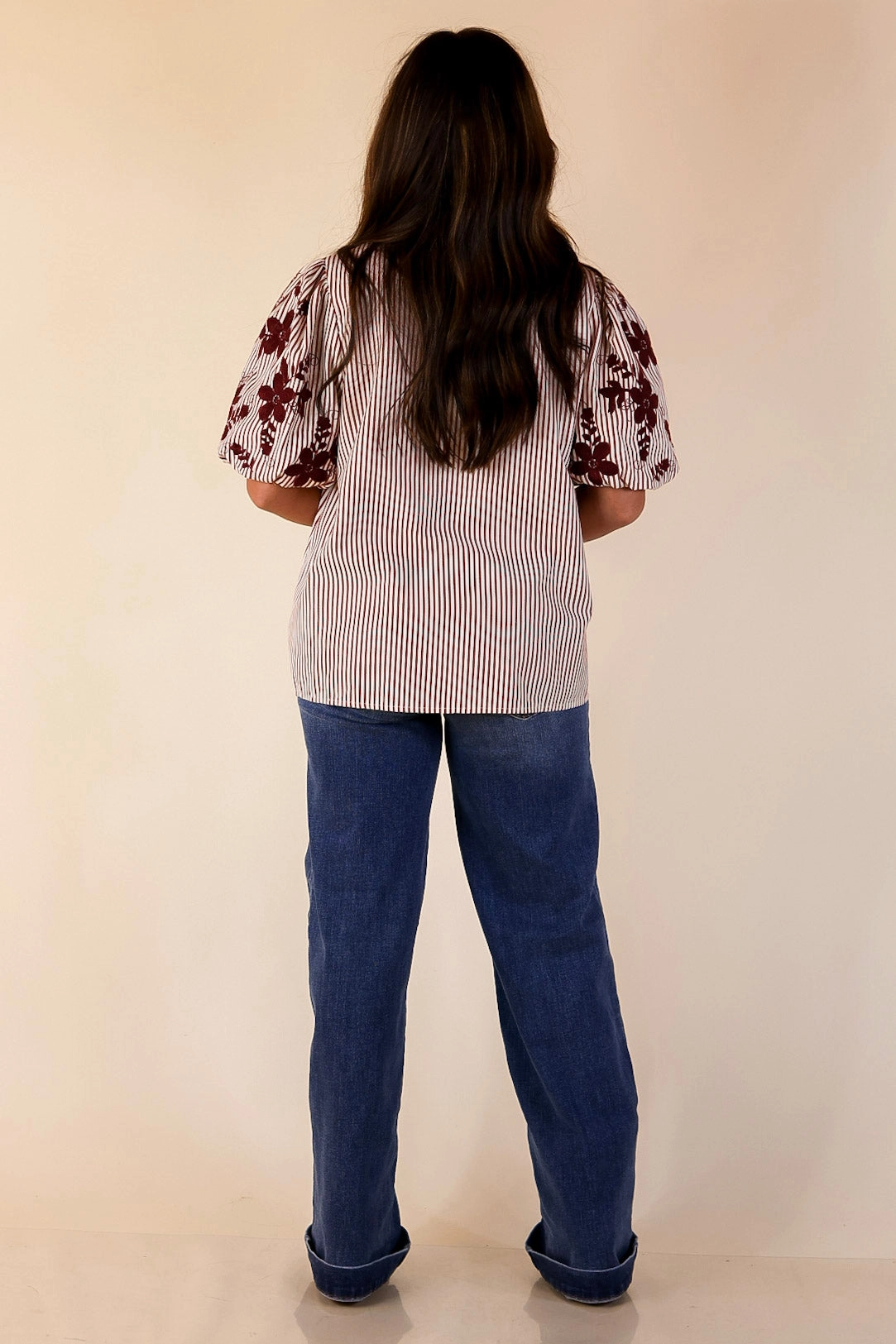 Sweet Intentions Button Down Striped Top with Puff Embroidered Sleeves in Maroon Rooftop Bar