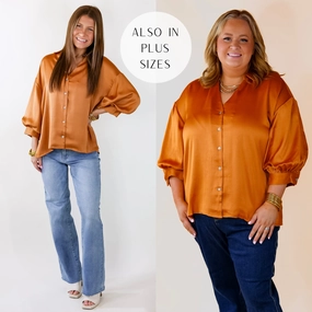 Bold Core Relaxed Blouse Sweet Notion Button Up 3/4 Balloon Sleeve Top in Pumpkin Orange