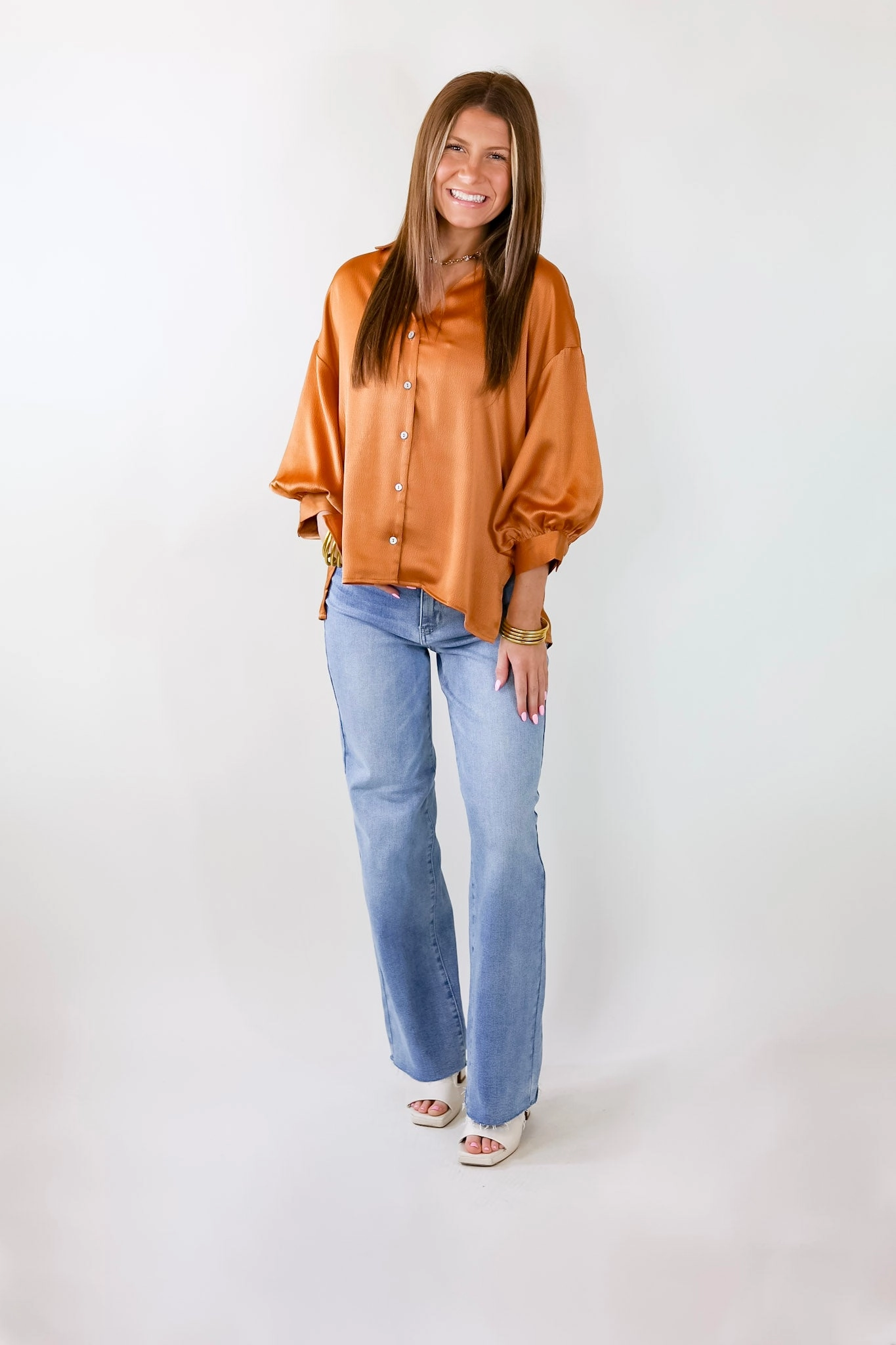 Sweet Notion Button Up 3/4 Balloon Sleeve Top in Pumpkin Orange Easy Fit
