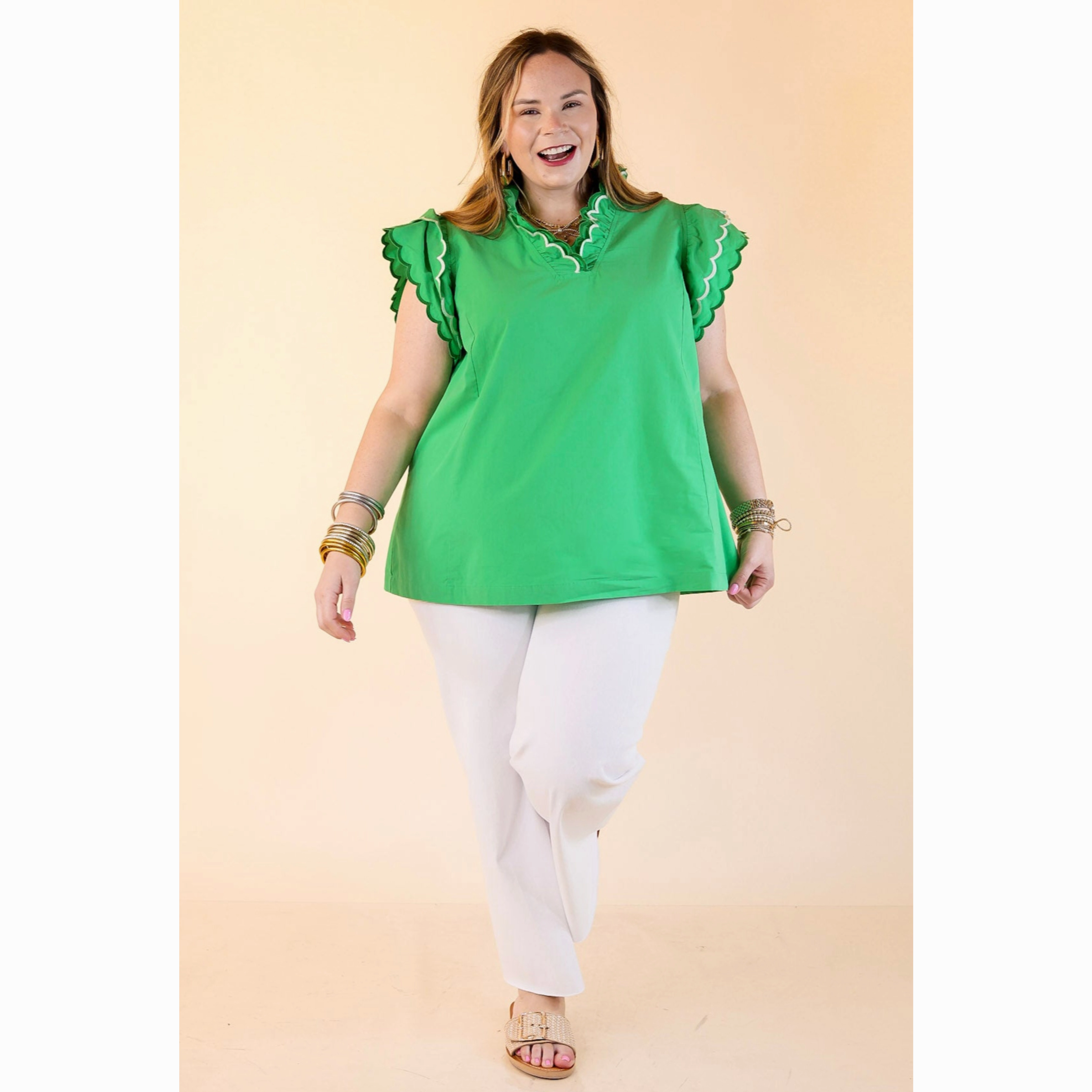 Sweet Pea Ruffle Collared Short Sleeve Shirt in Green Chic Wardrobe