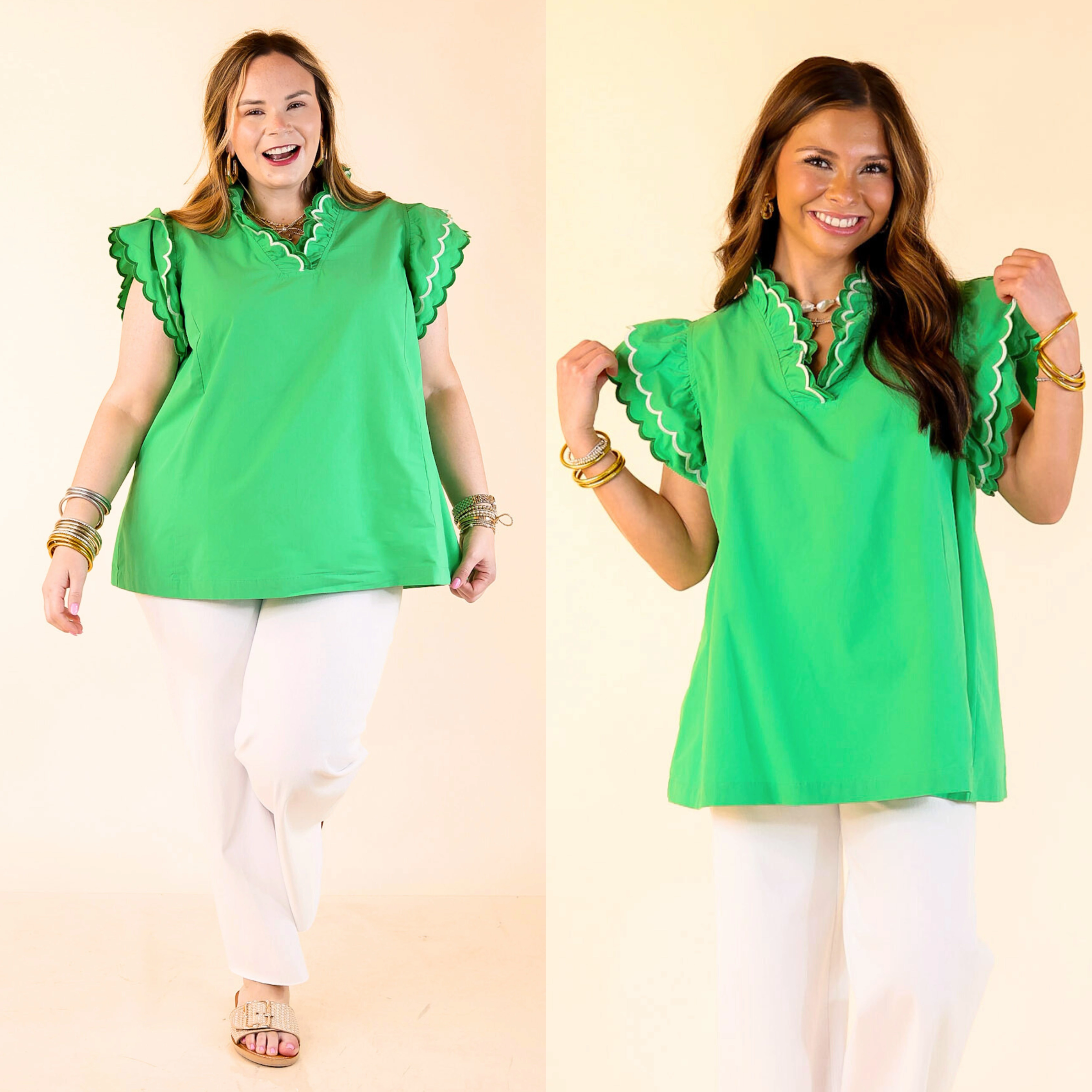 Anti Pilling Finish Sweet Pea Ruffle Collared Short Sleeve Shirt in Green