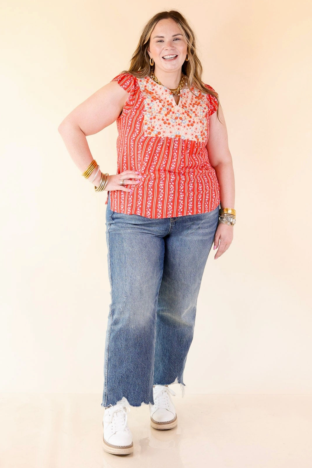 Odor Resistant Finish Sweet Reminder Floral and Stripe Print Top with Embroidered Yoke in Red