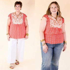 Sweet Reminder Floral and Stripe Print Top with Embroidered Yoke in Red Temperature Control Technology