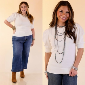 Casual Vibe Yoke Design Sweet Sophistication Puff Short Sleeve Knit Sweater with Scoop Neck in Ivory