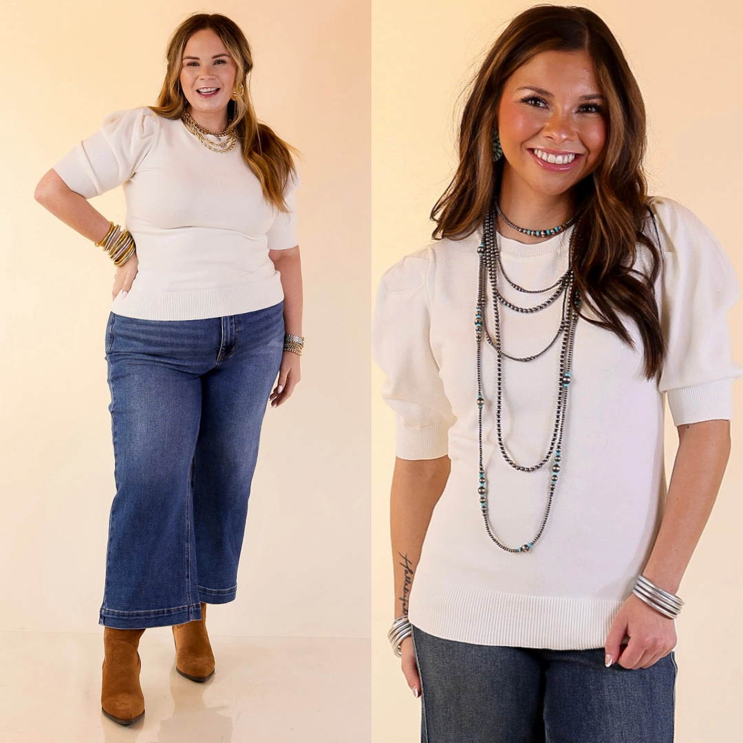 Casual Vibe Yoke Design Sweet Sophistication Puff Short Sleeve Knit Sweater with Scoop Neck in Ivory