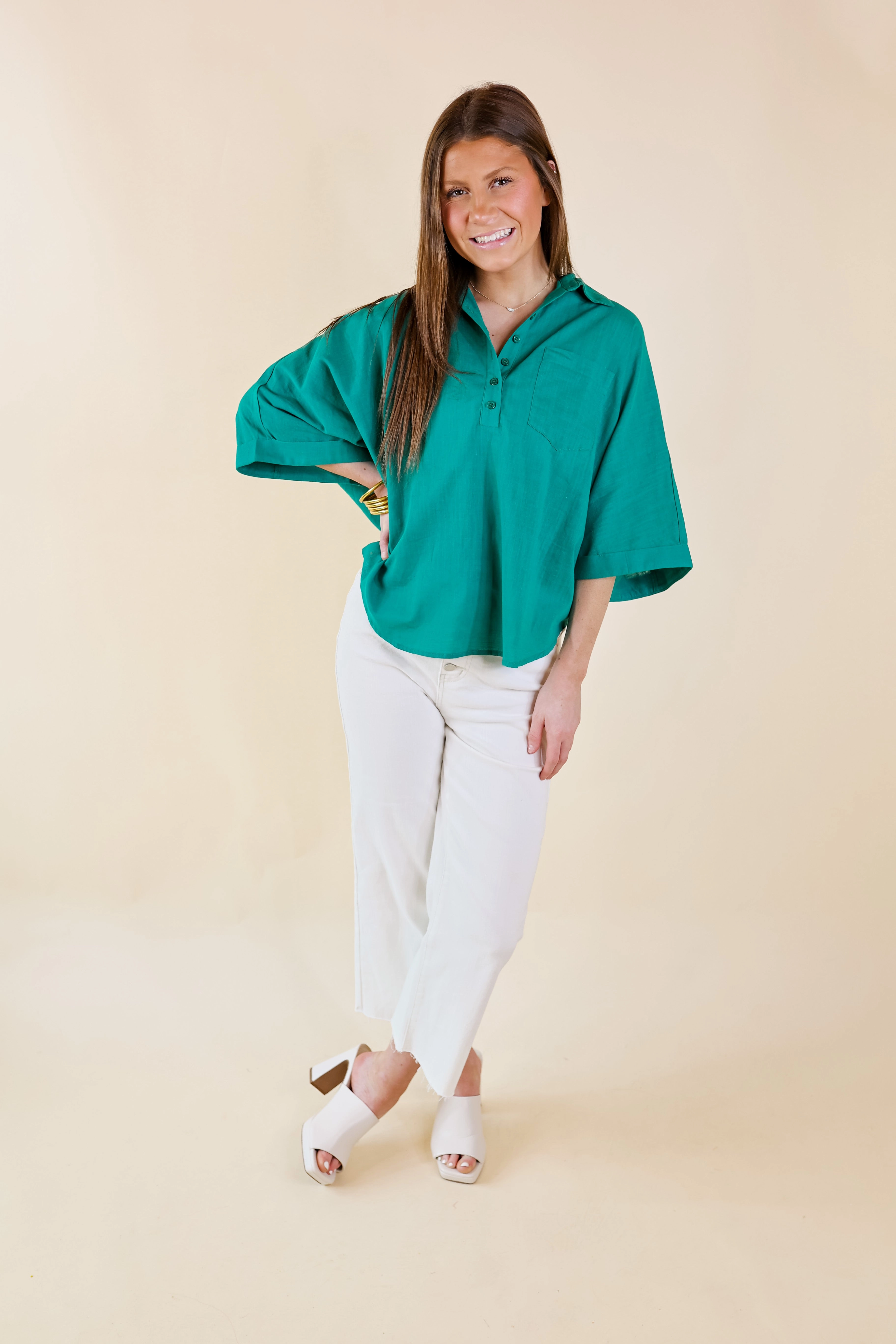 Sweet Surprise Half Button Up Poncho Top with Collared Neckline in Teal Green AntiStaticTechnology Strong Denim