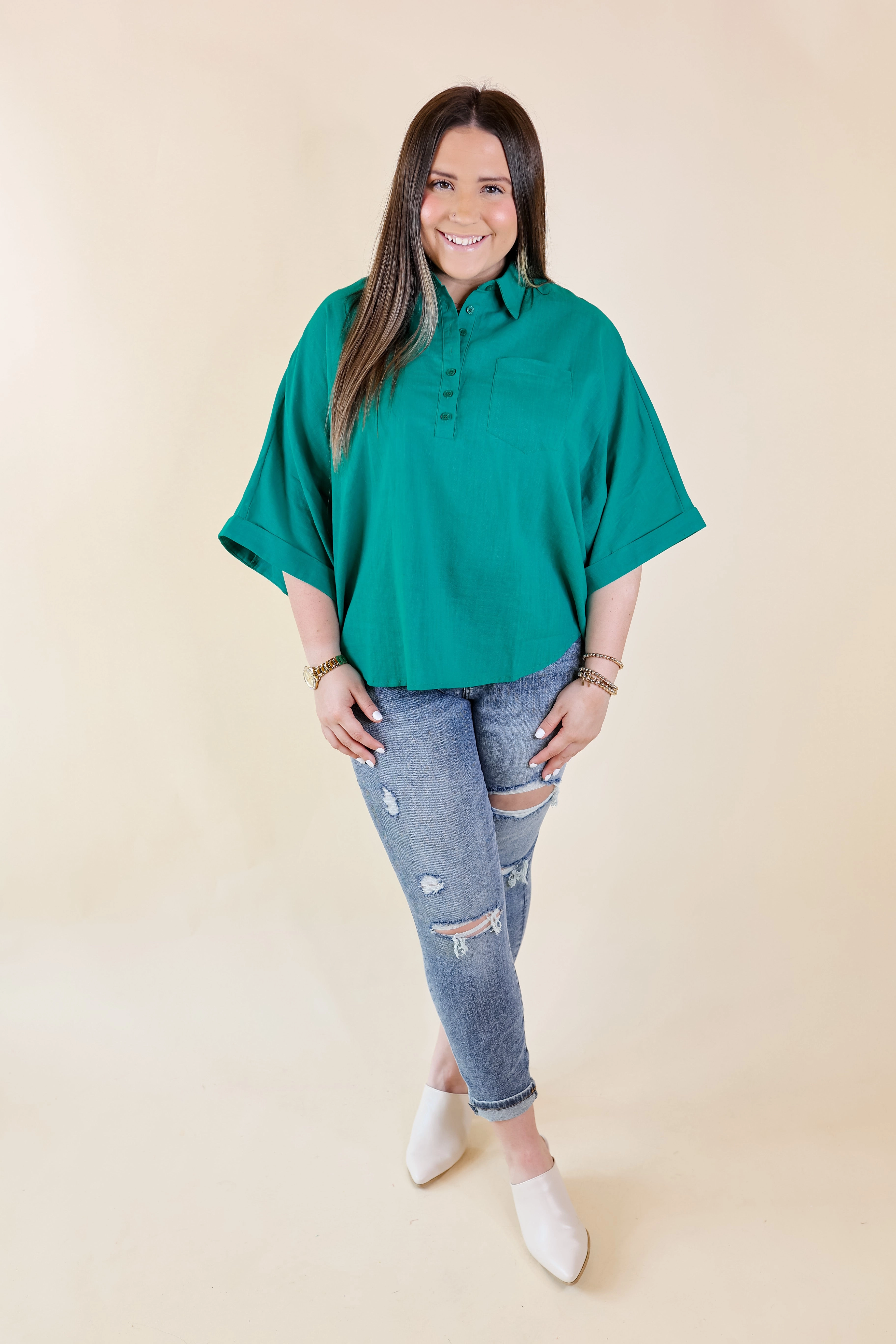 Sweet Surprise Half Button Up Poncho Top with Collared Neckline in Teal Green Zero Waste